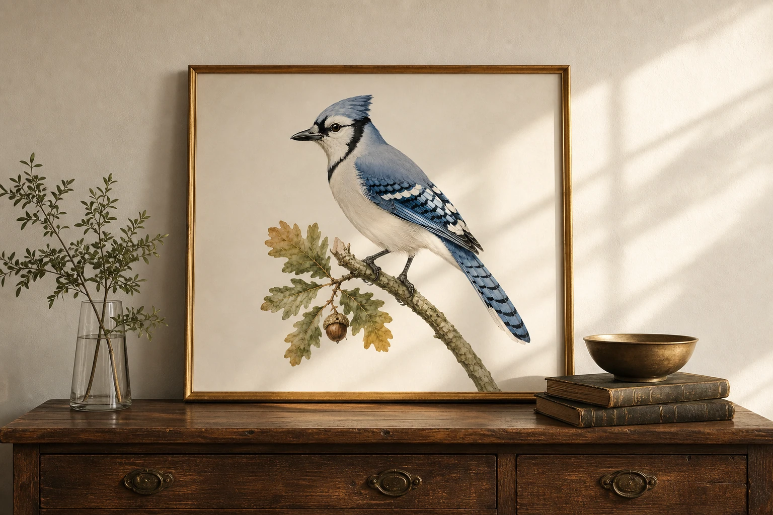 A framed fine-art bird print displayed on a wooden dresser
