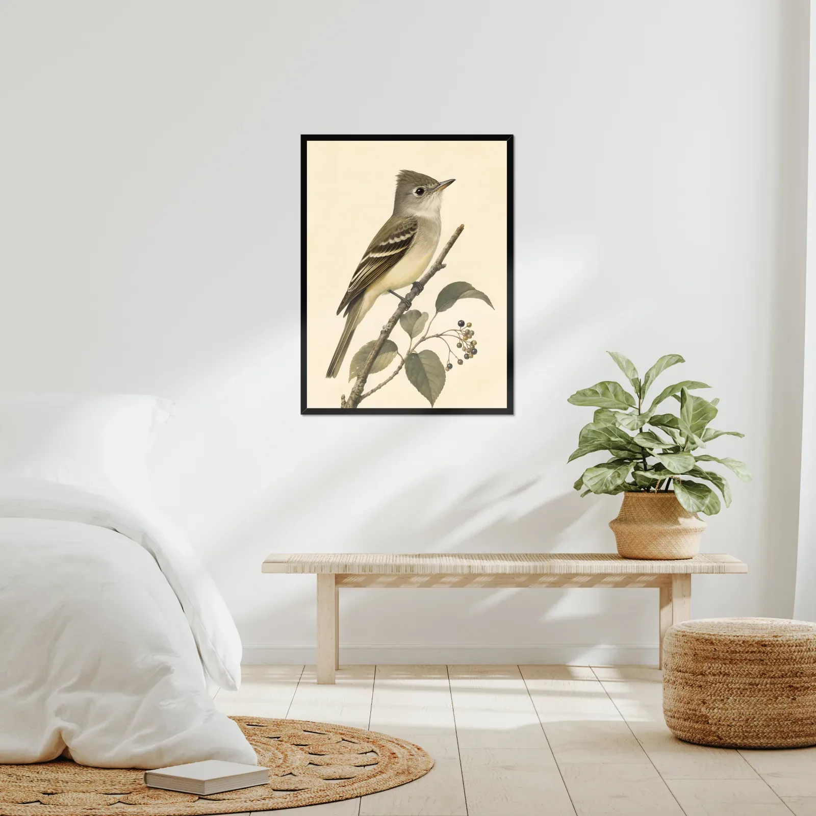 Acadian Flycatcher Print framed at 24x30 inches, shown on a wall to scale