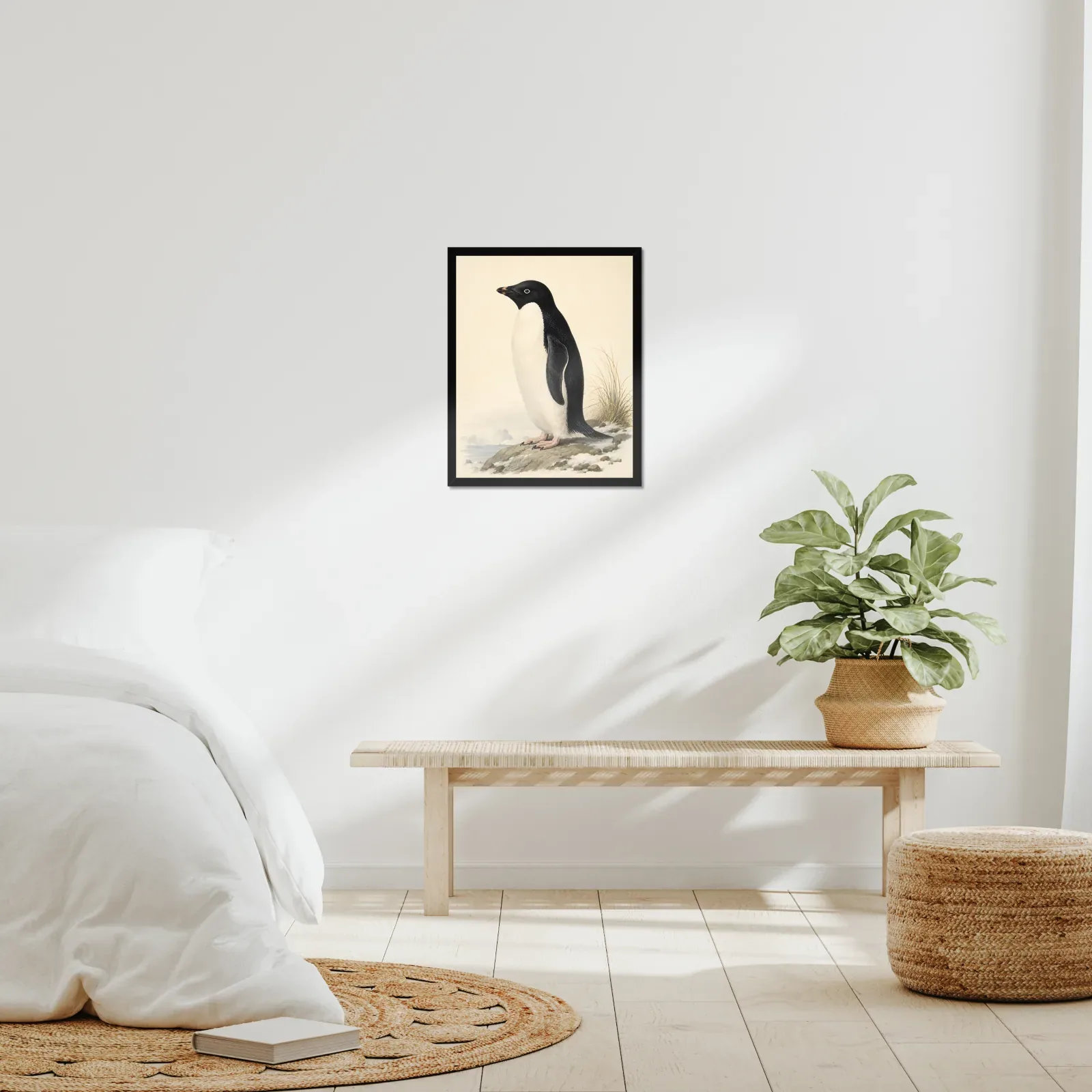 Adelie Penguin Print framed at 16x20 inches, shown on a wall to scale