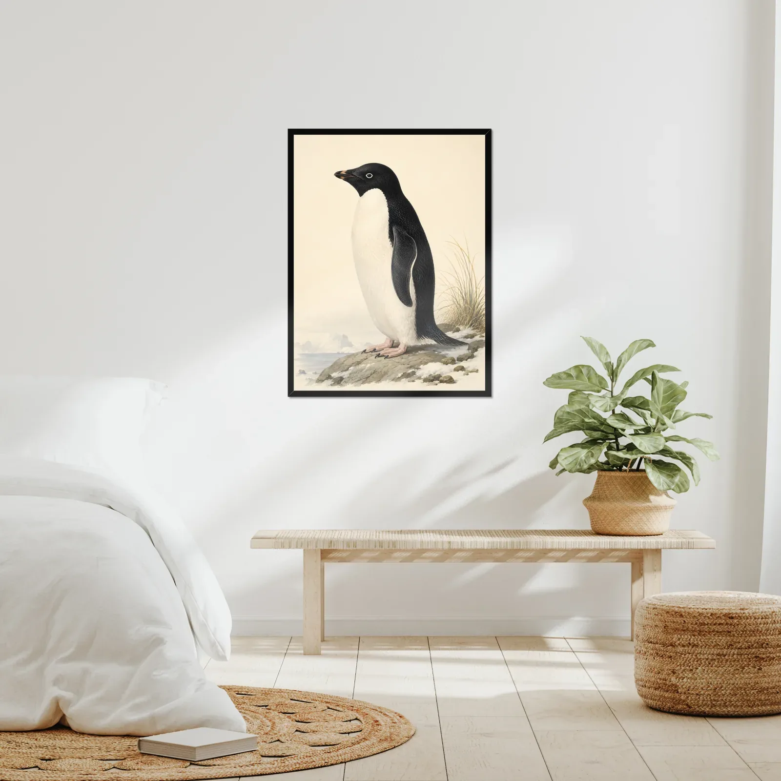 Adelie Penguin Print framed at 24x30 inches, shown on a wall to scale
