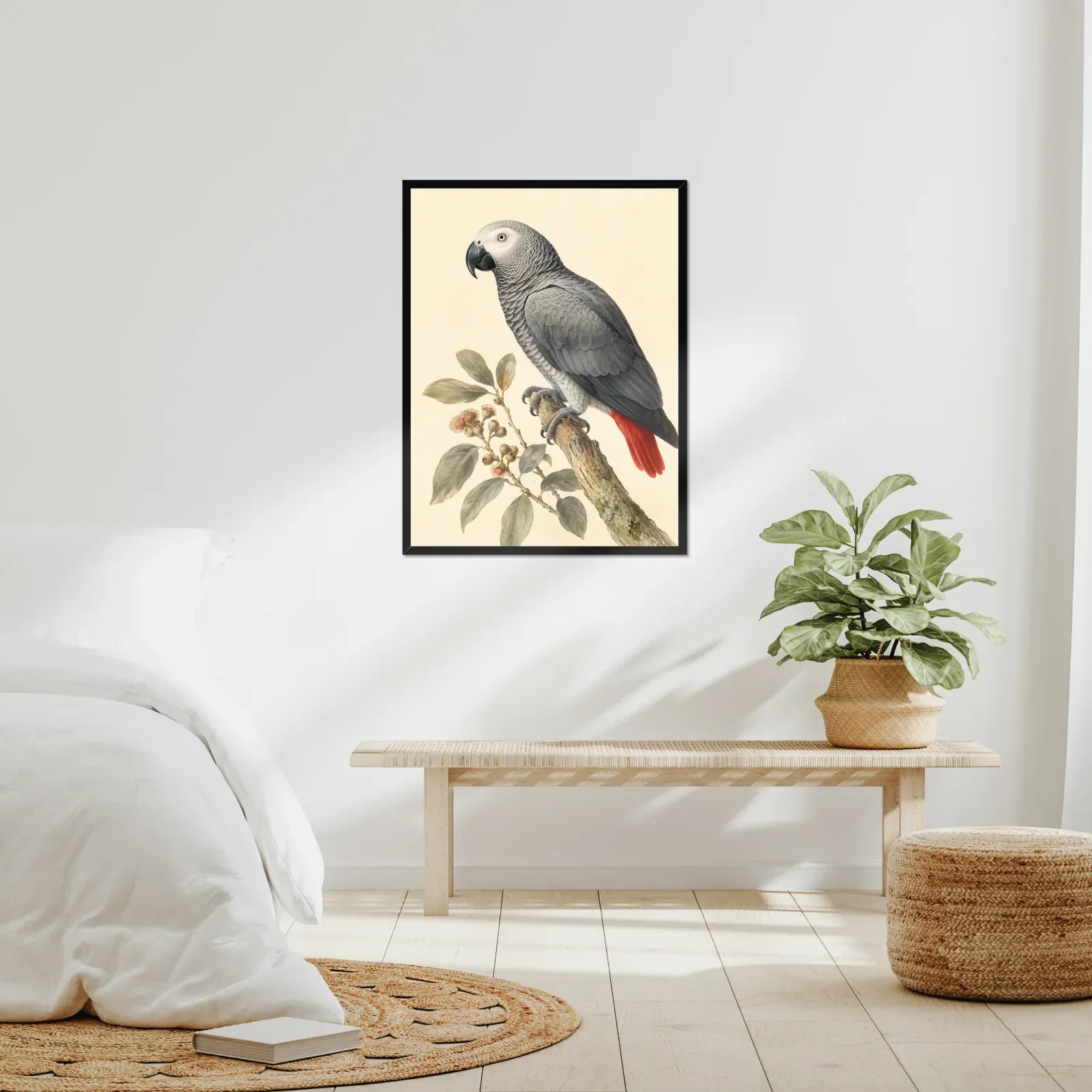 African Grey Parrot Print framed at 24x30 inches, shown on a wall to scale