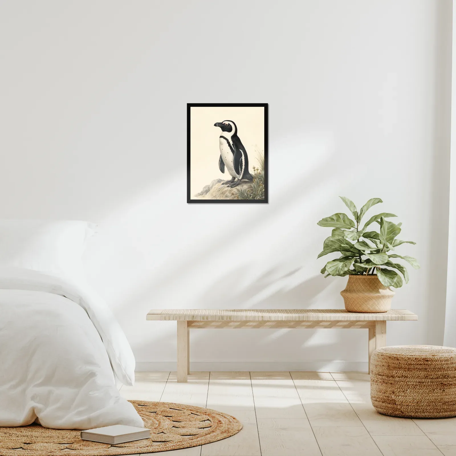 African Penguin Print framed at 16x20 inches, shown on a wall to scale