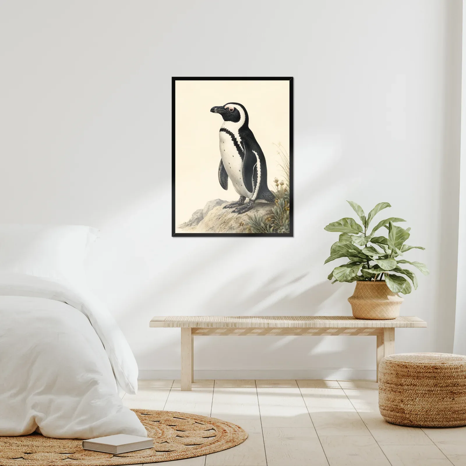 African Penguin Print framed at 24x30 inches, shown on a wall to scale