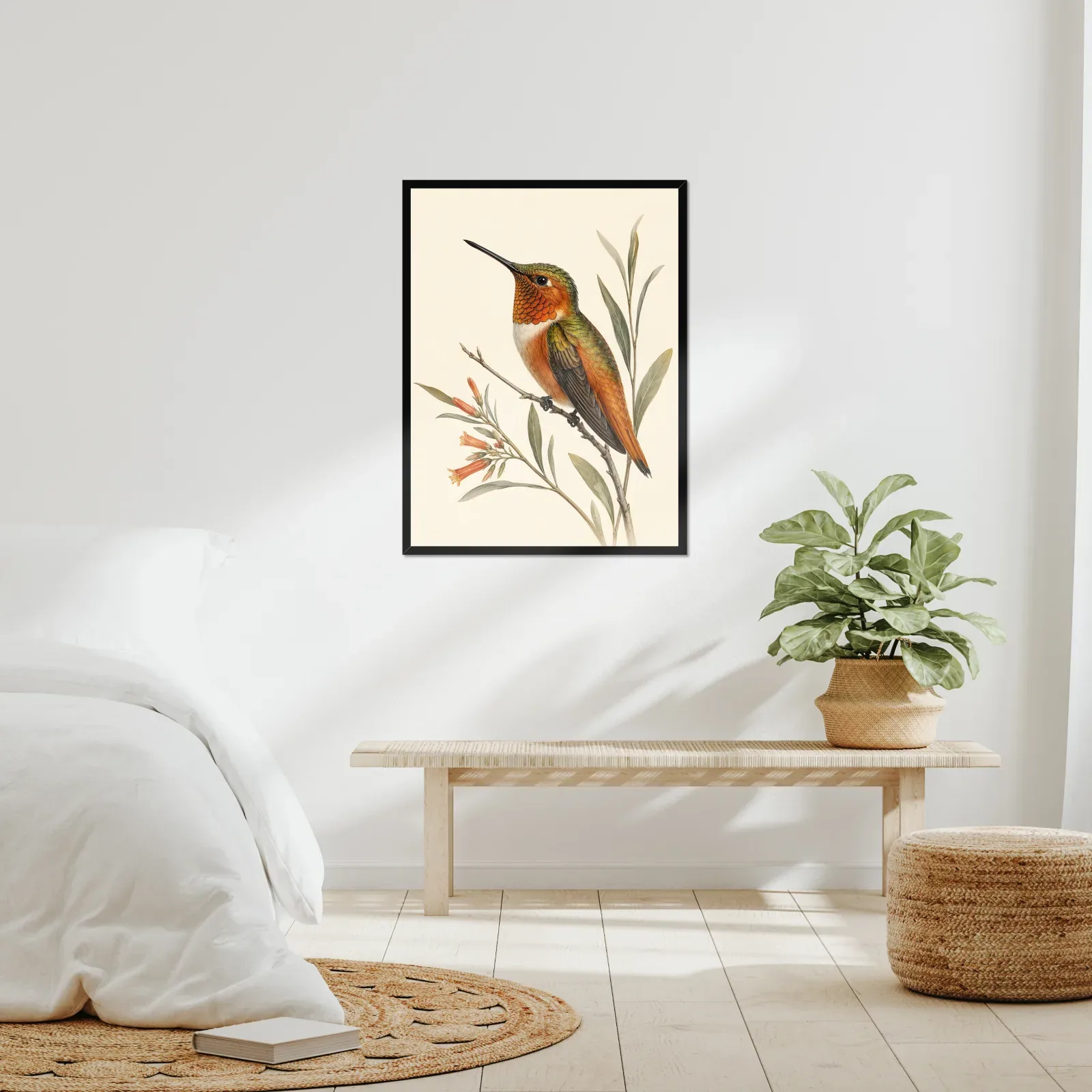 Allen's Hummingbird Print framed at 24x30 inches, shown on a wall to scale