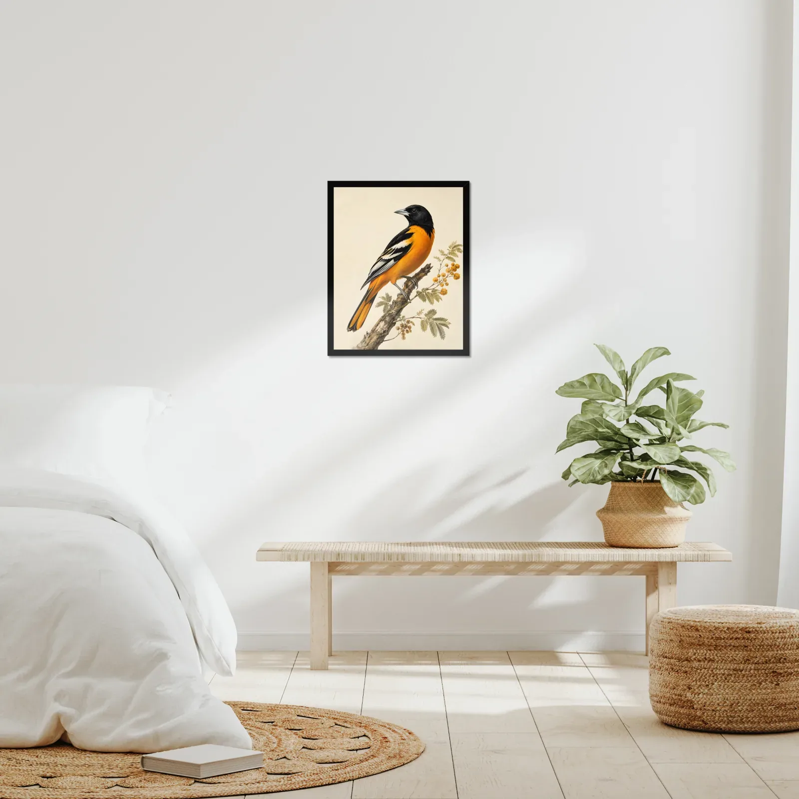 Altamira Oriole Print framed at 16x20 inches, shown on a wall to scale