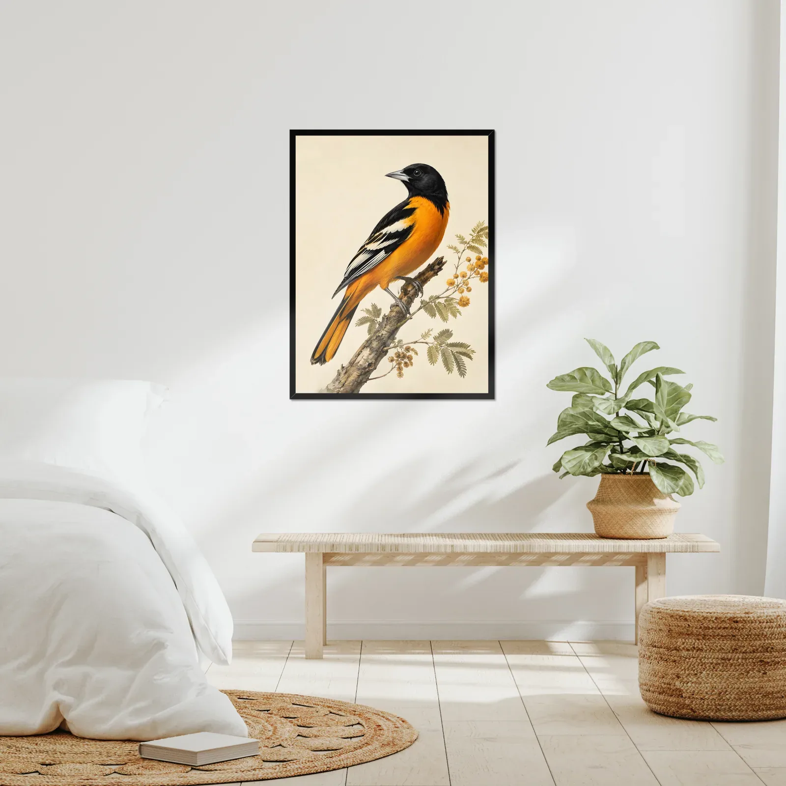 Altamira Oriole Print framed at 24x30 inches, shown on a wall to scale