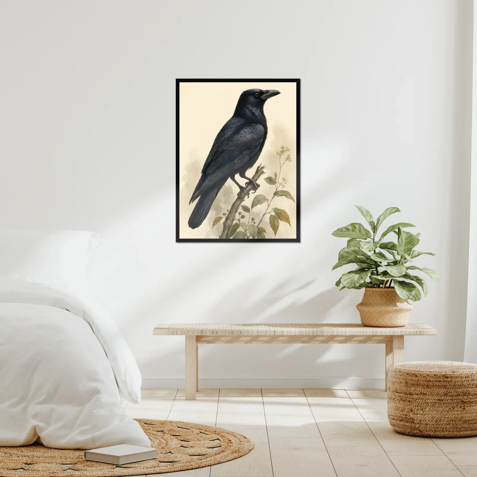American Crow Print framed at 24x30 inches, shown on a wall to scale
