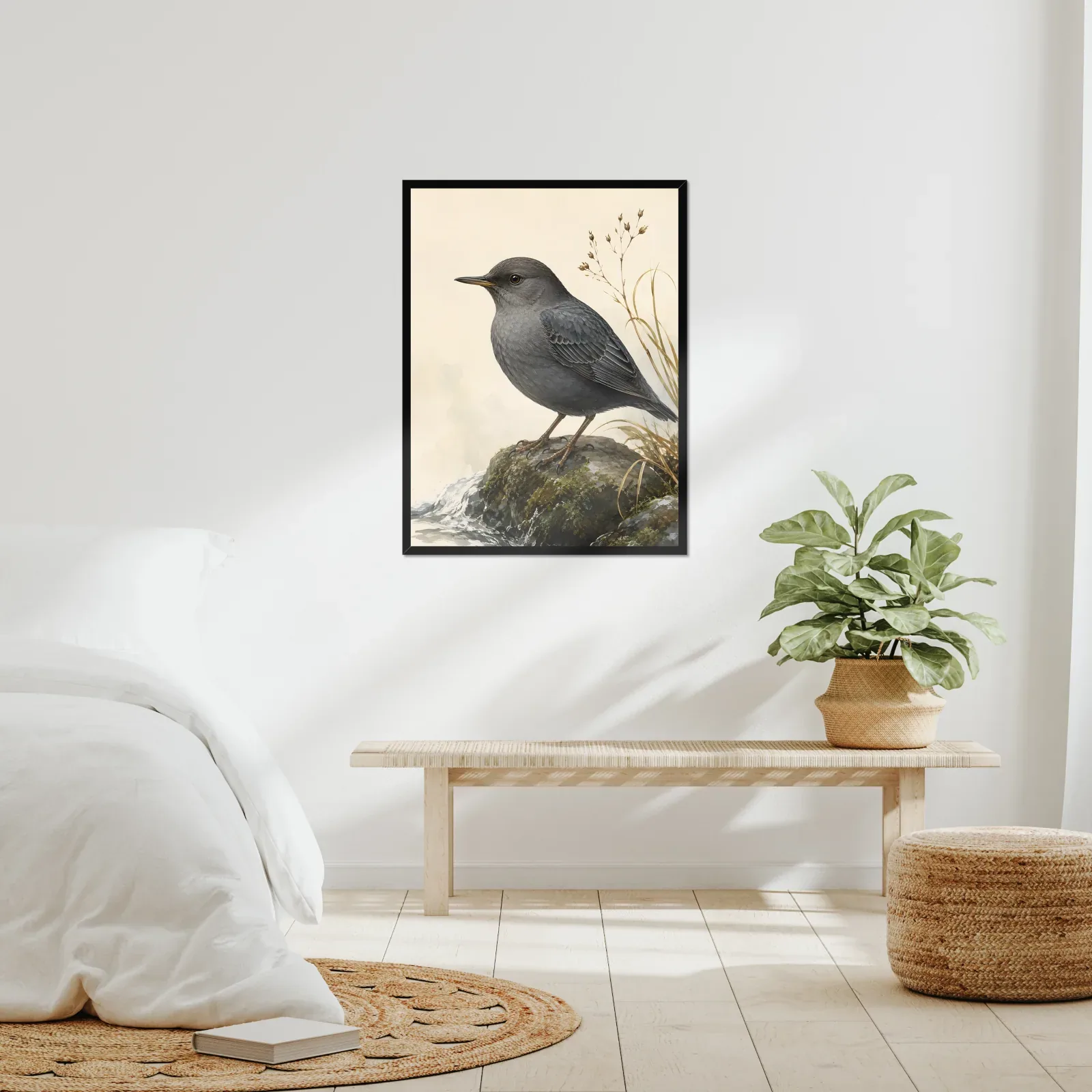 American Dipper Print framed at 24x30 inches, shown on a wall to scale
