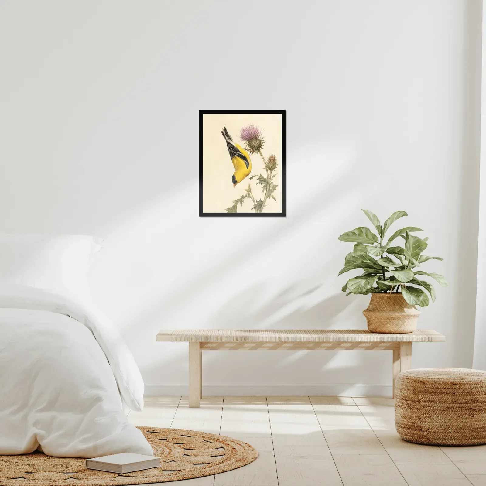 American Goldfinch Print framed at 16x20 inches, shown on a wall to scale