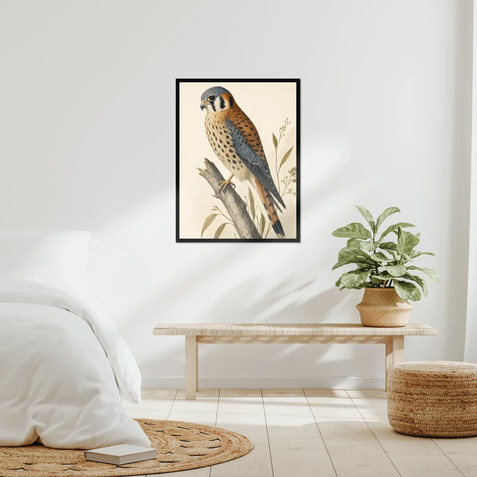 American Kestrel Print framed at 24x30 inches, shown on a wall to scale