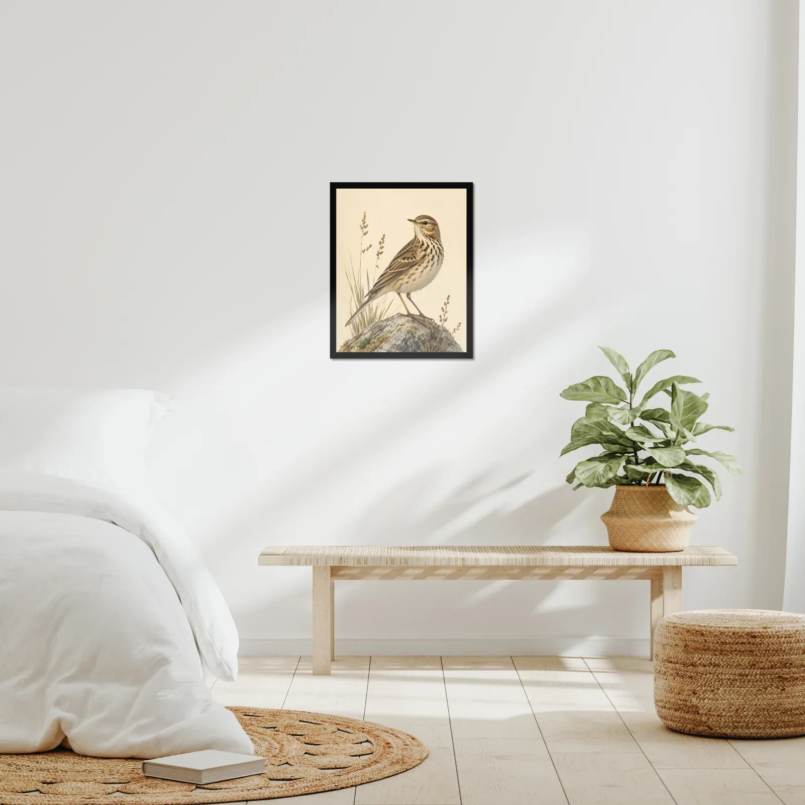 American Pipit Print framed at 16x20 inches, shown on a wall to scale