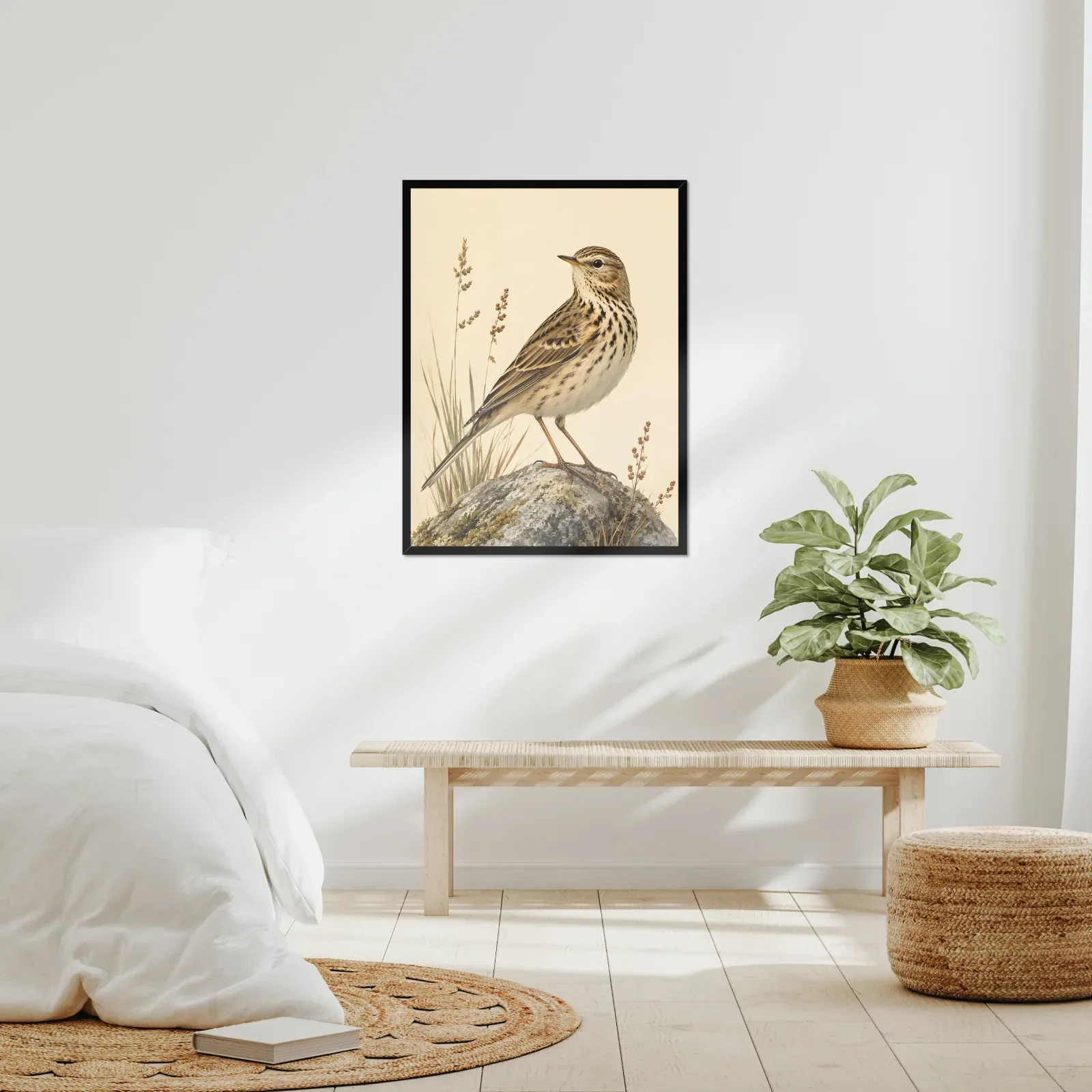 American Pipit Print framed at 24x30 inches, shown on a wall to scale