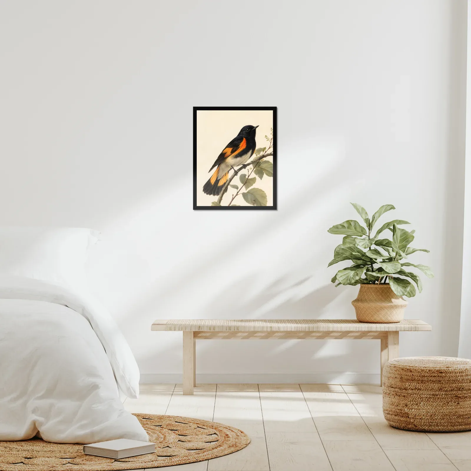 American Redstart Print framed at 16x20 inches, shown on a wall to scale