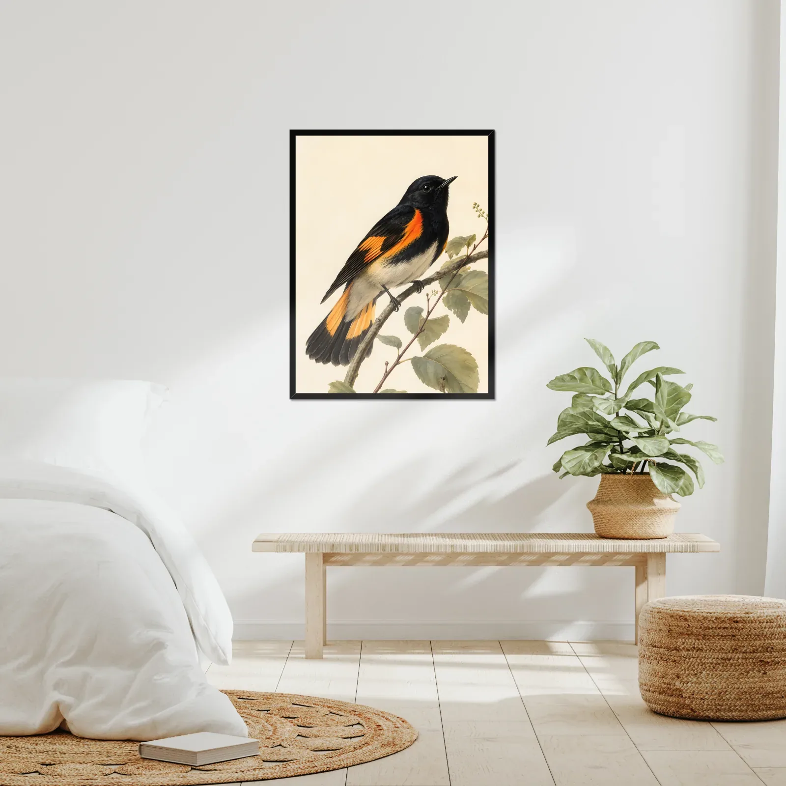 American Redstart Print framed at 24x30 inches, shown on a wall to scale