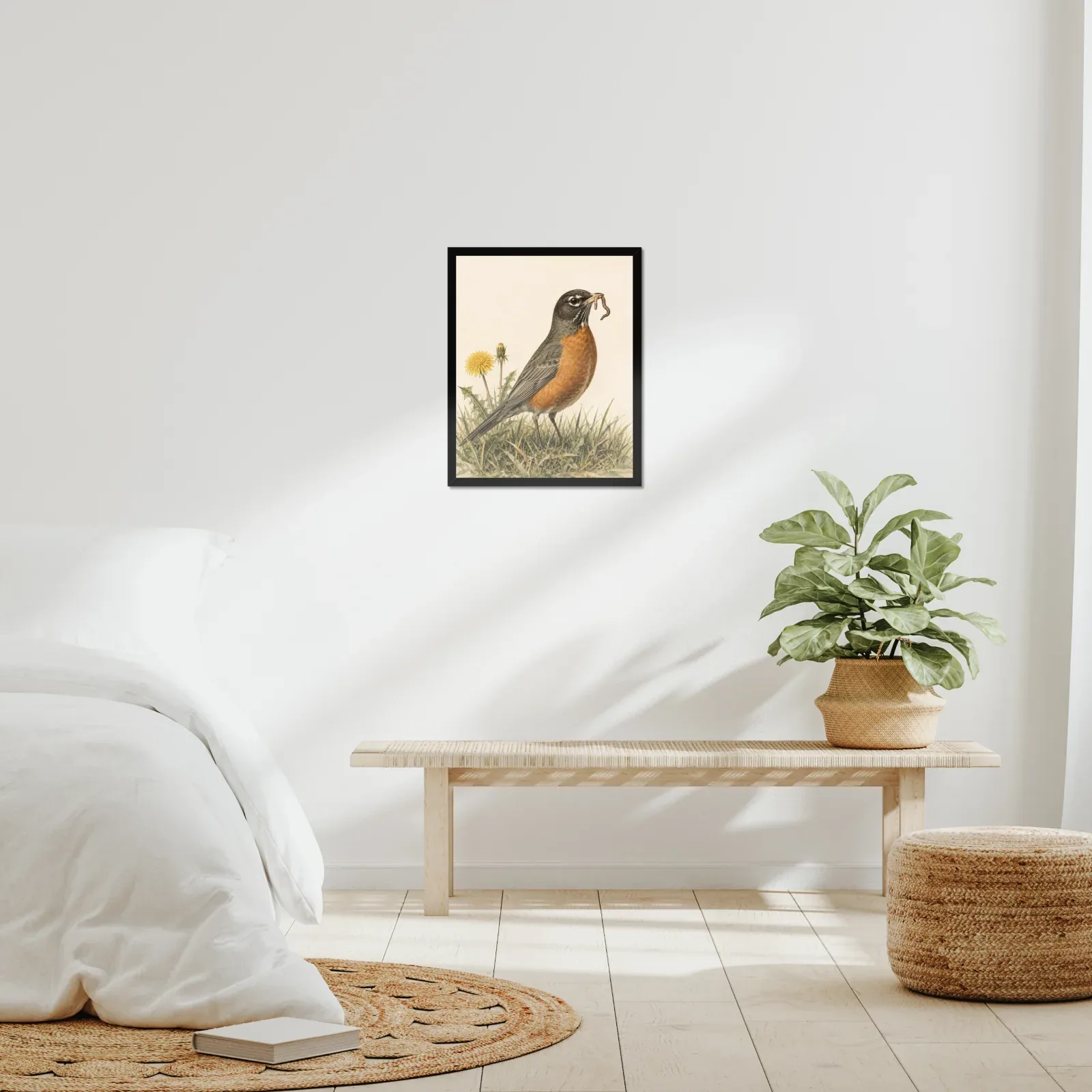 American Robin Print framed at 16x20 inches, shown on a wall to scale