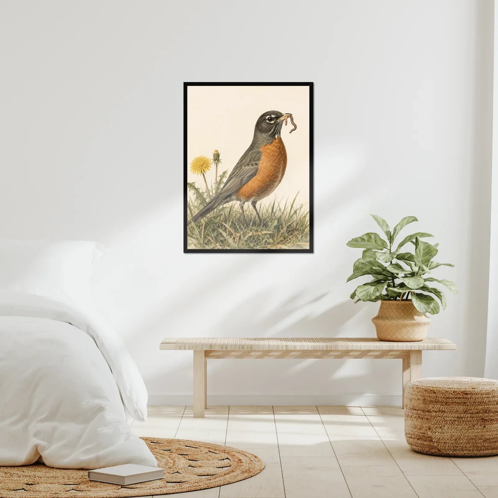 A framed bird print in a real room