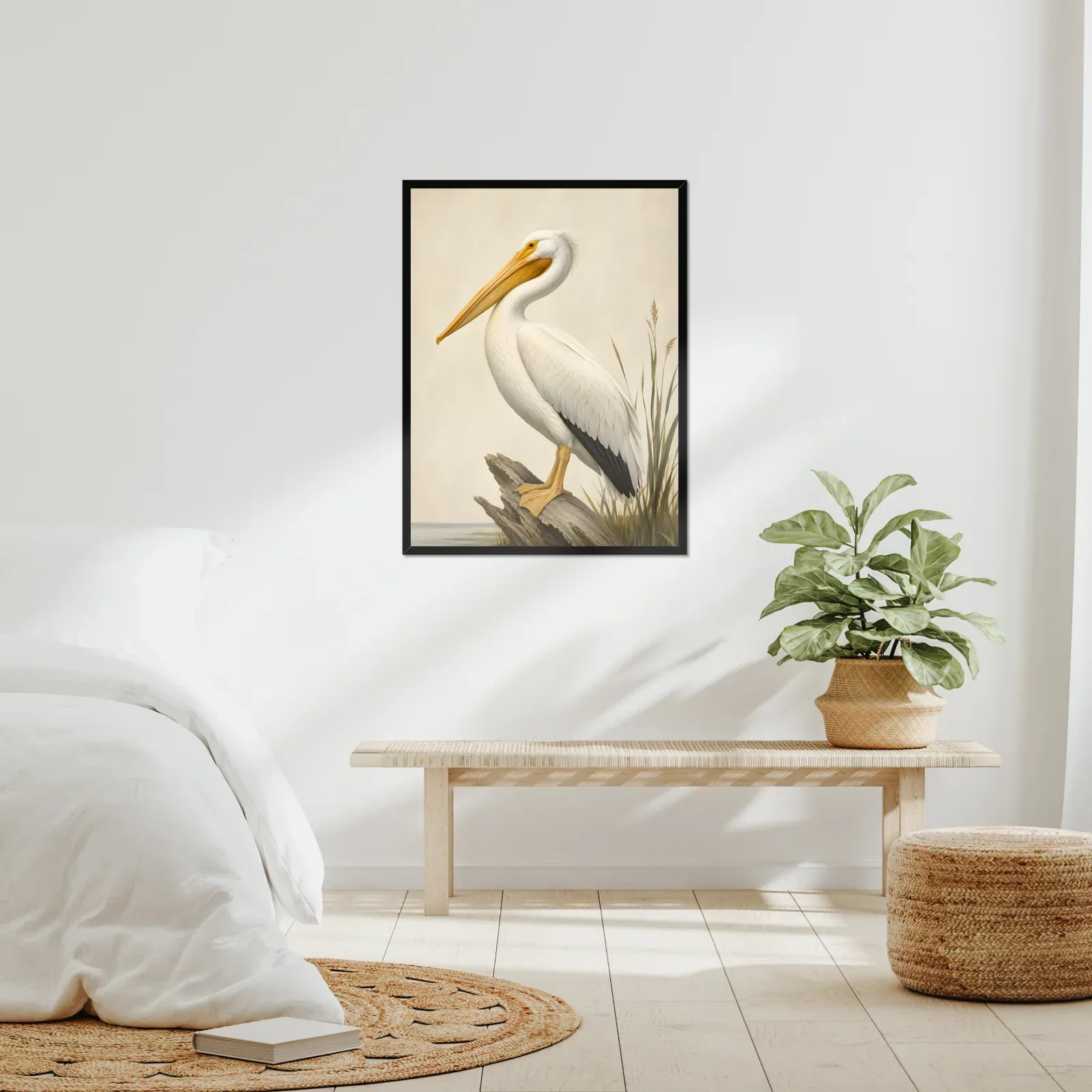 American White Pelican Print framed at 24x30 inches, shown on a wall to scale