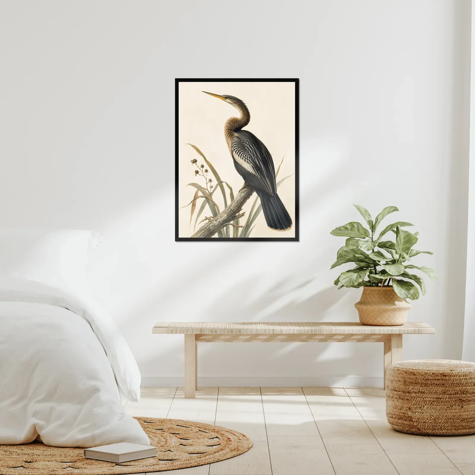 Anhinga Print framed at 24x30 inches, shown on a wall to scale