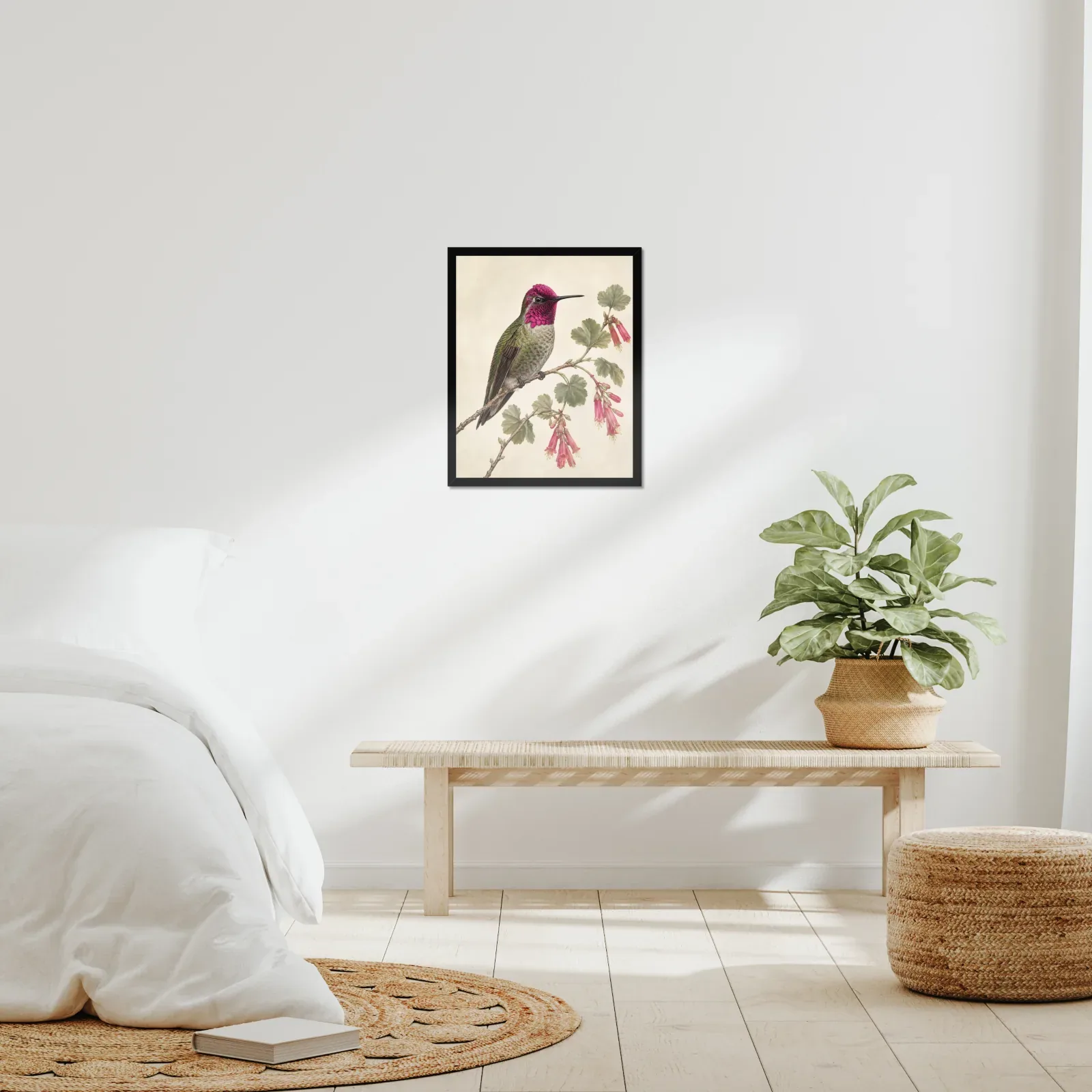 Anna's Hummingbird Print framed at 16x20 inches, shown on a wall to scale