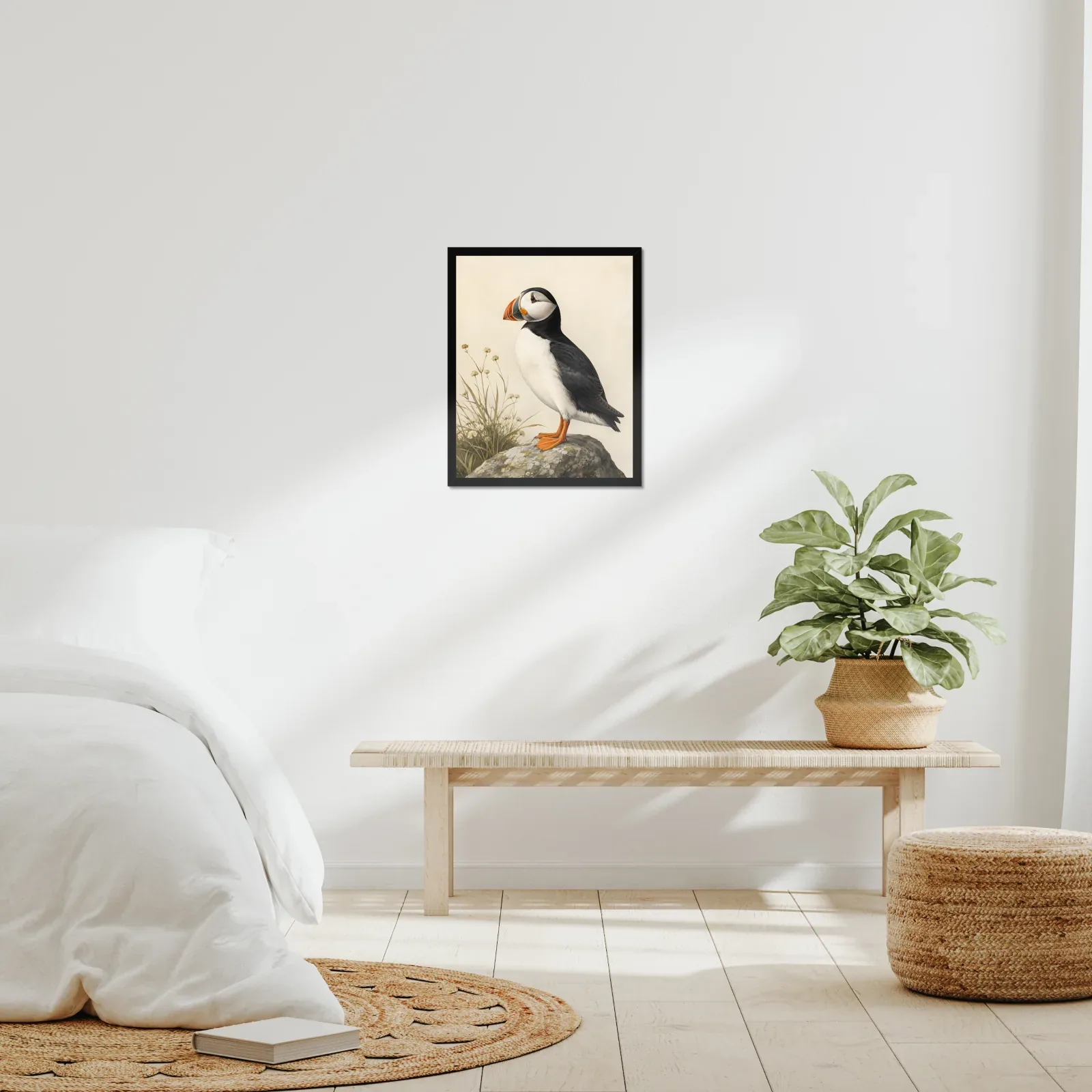 Atlantic Puffin Print framed at 16x20 inches, shown on a wall to scale
