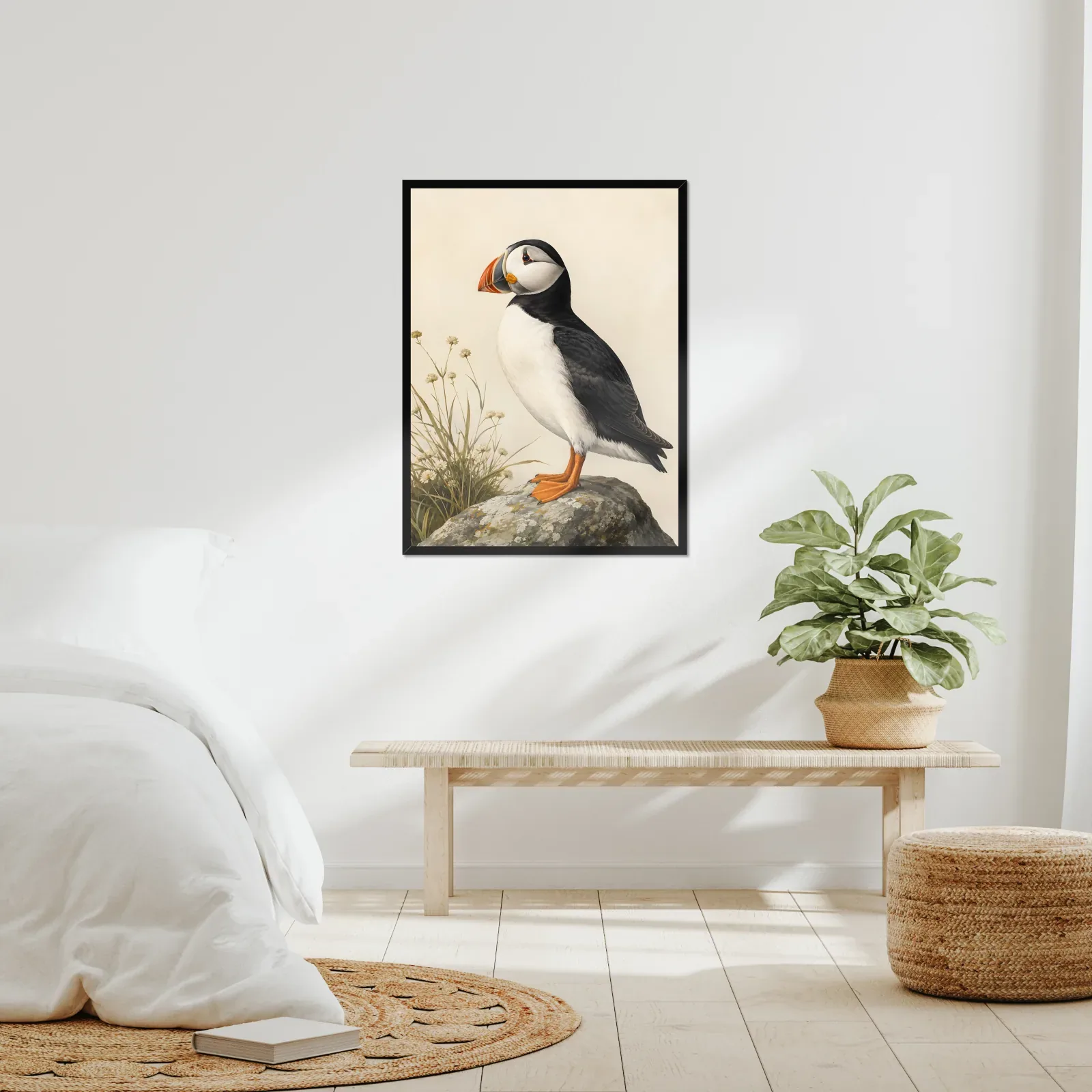 Atlantic Puffin Print framed at 24x30 inches, shown on a wall to scale