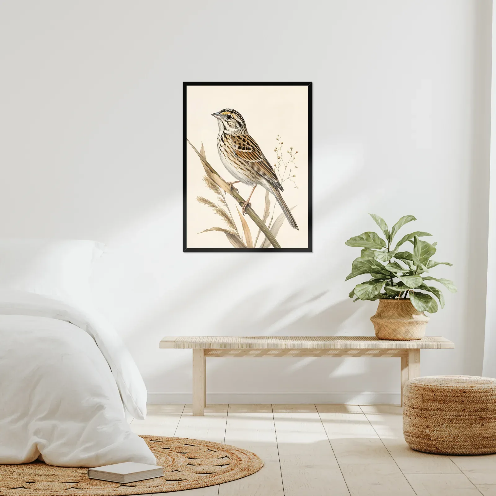 Bachman's Sparrow Print framed at 24x30 inches, shown on a wall to scale