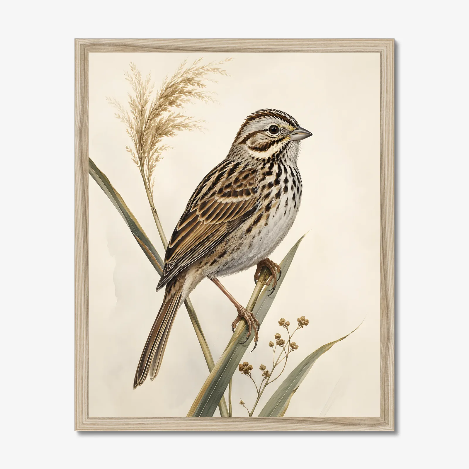 Baird's Sparrow Print in a natural frame