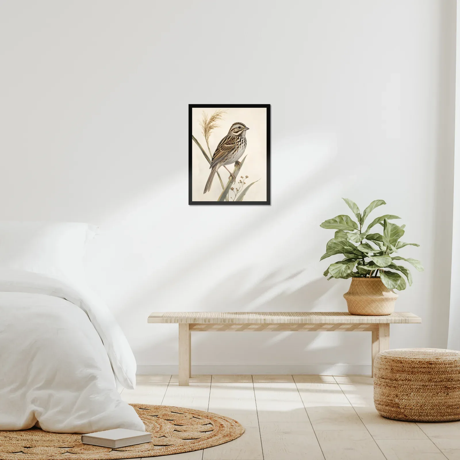 Baird's Sparrow Print framed at 16x20 inches, shown on a wall to scale