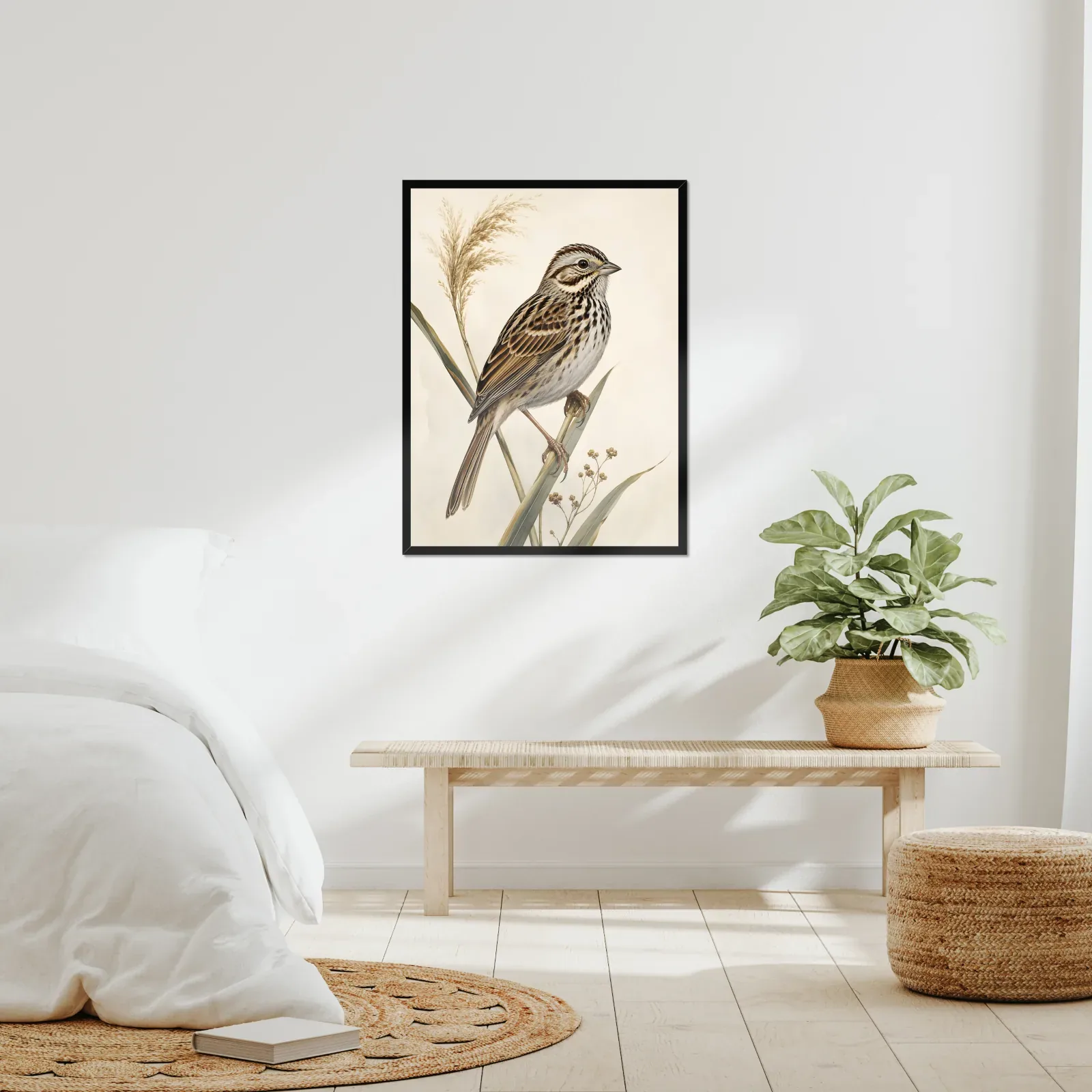 Baird's Sparrow Print framed at 24x30 inches, shown on a wall to scale