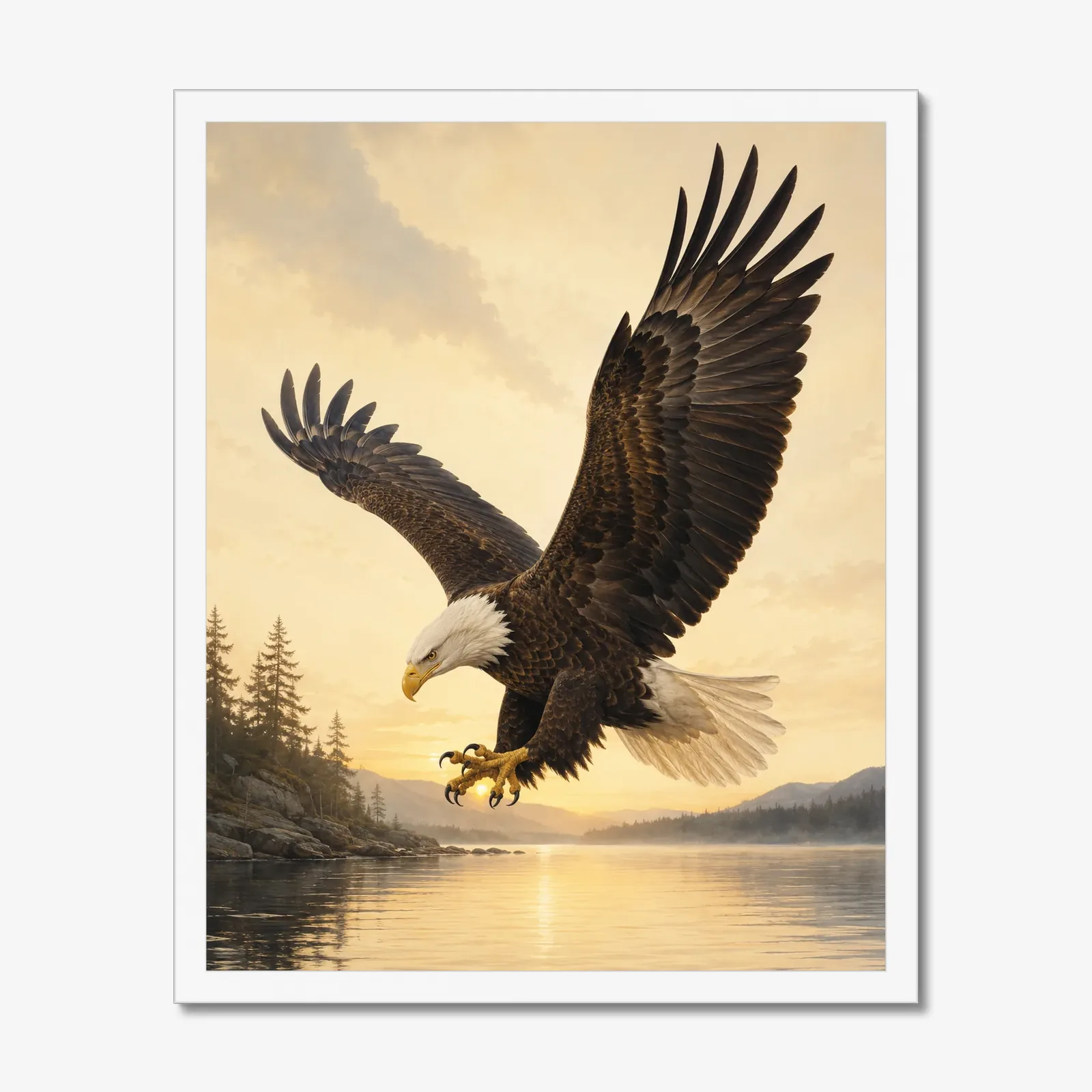 Bald Eagle Print - In Flight in a white frame