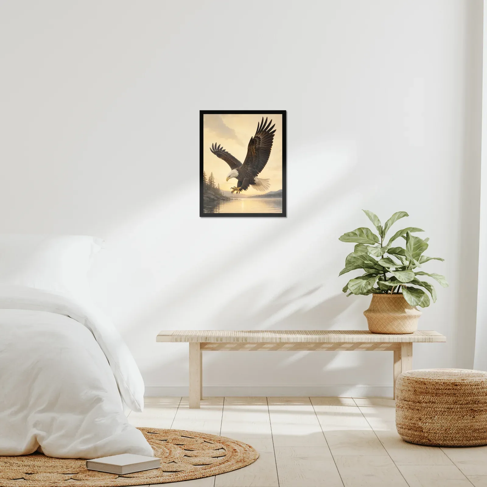Bald Eagle Print - In Flight framed at 16x20 inches, shown on a wall to scale
