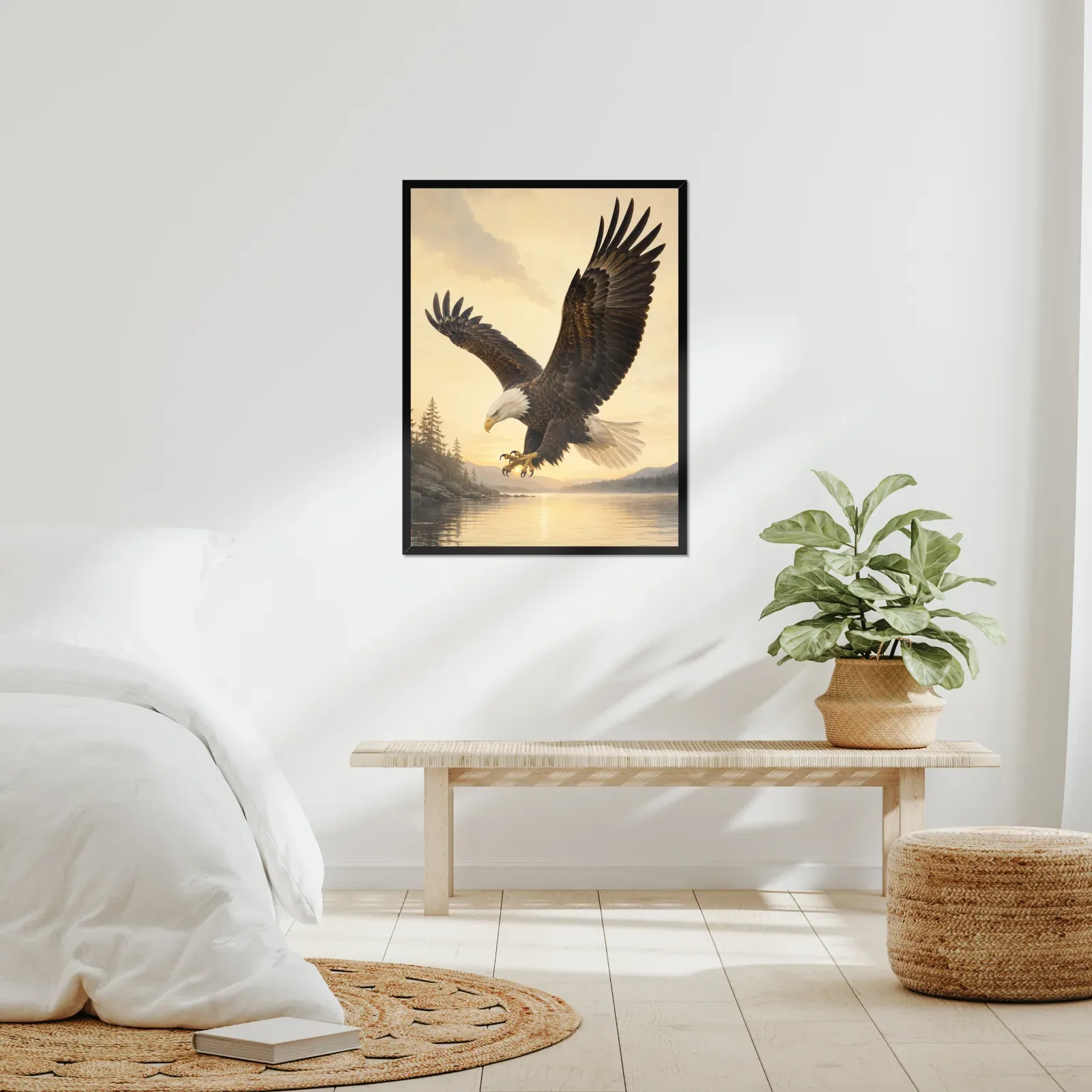 Bald Eagle Print - In Flight framed at 24x30 inches, shown on a wall to scale