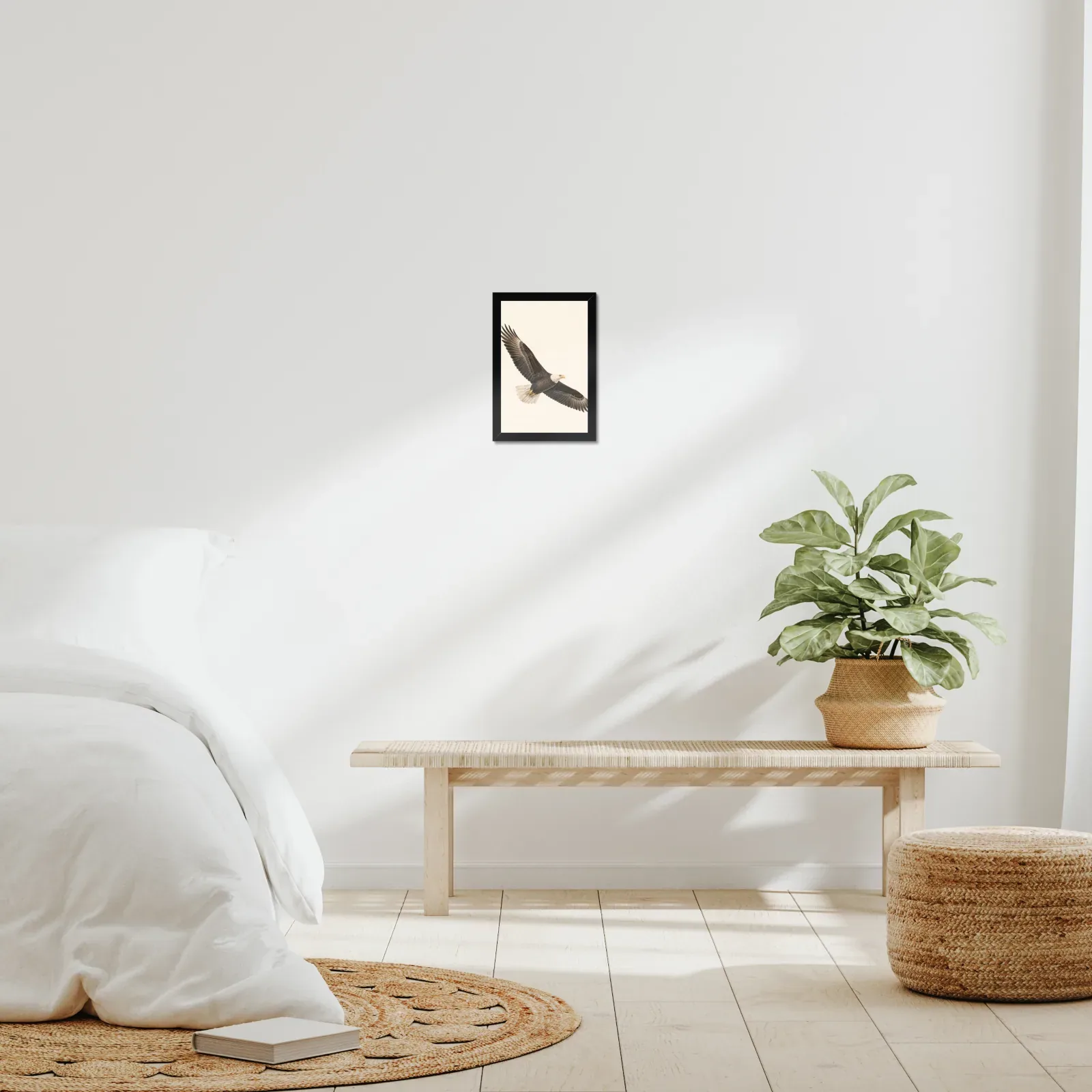 Bald Eagle Print - In Flight framed at 8x10 inches, shown on a wall to scale