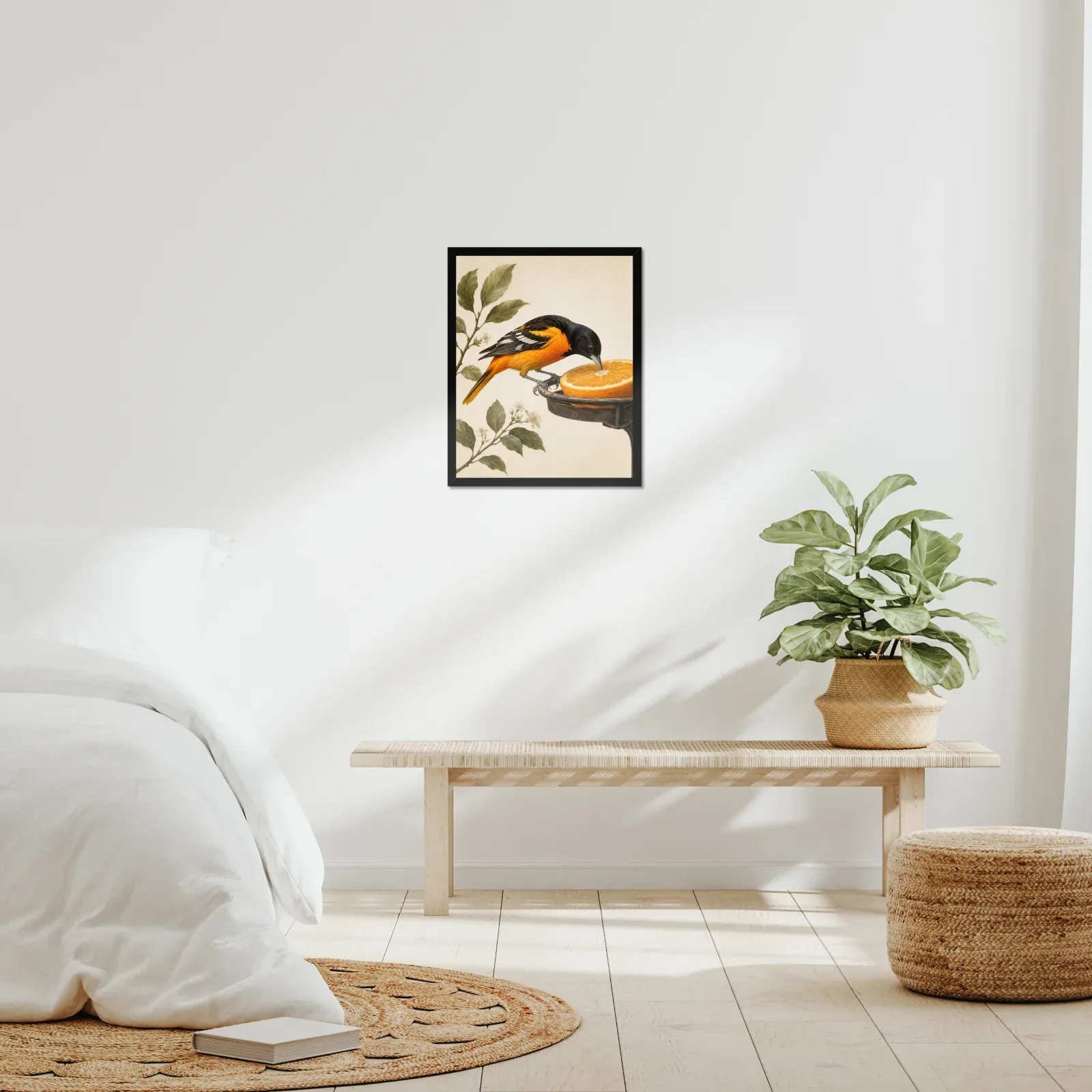 Baltimore Oriole Print framed at 16x20 inches, shown on a wall to scale
