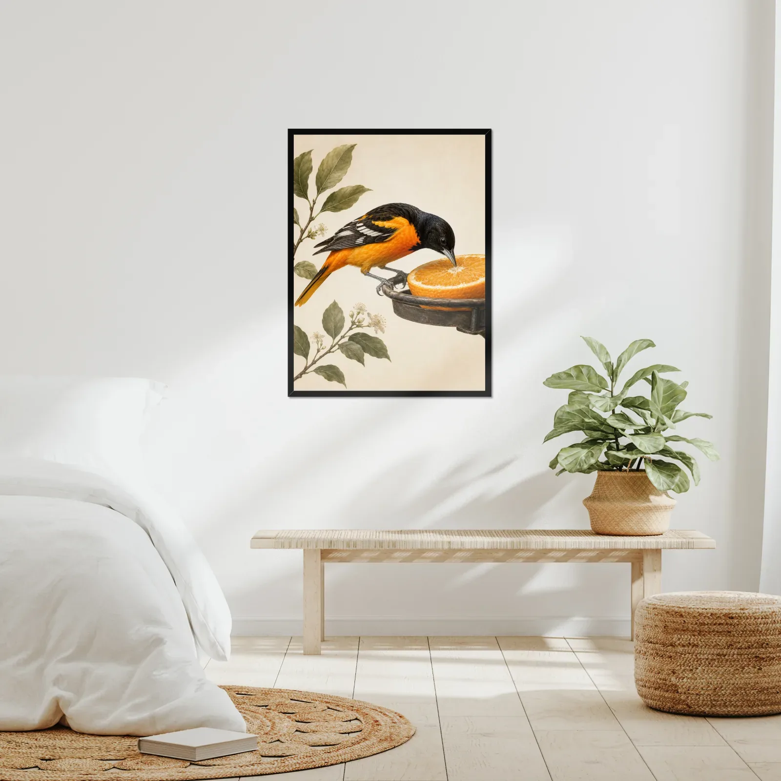 A framed bird print in a real room