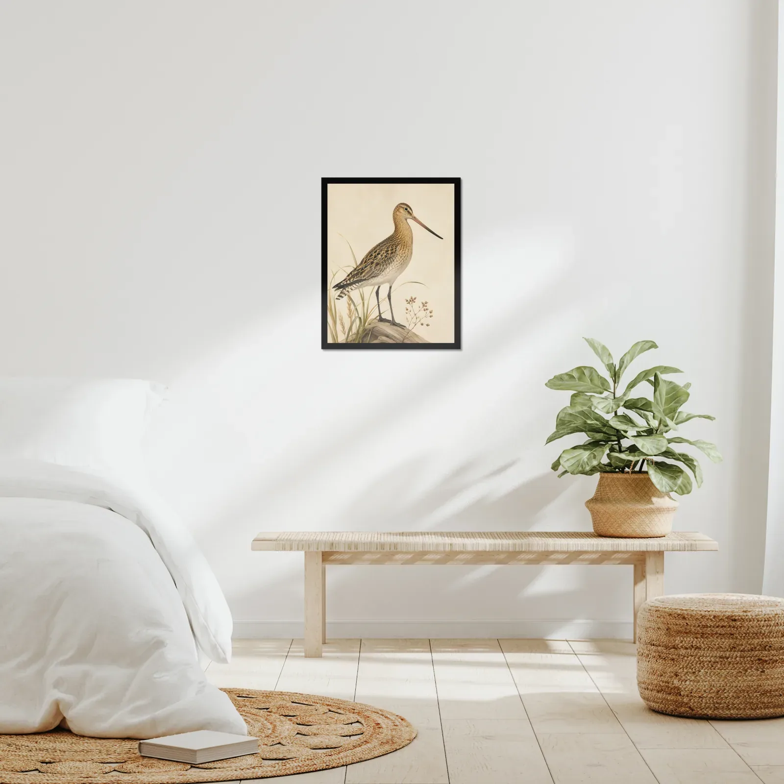 Bar-tailed Godwit Print framed at 16x20 inches, shown on a wall to scale