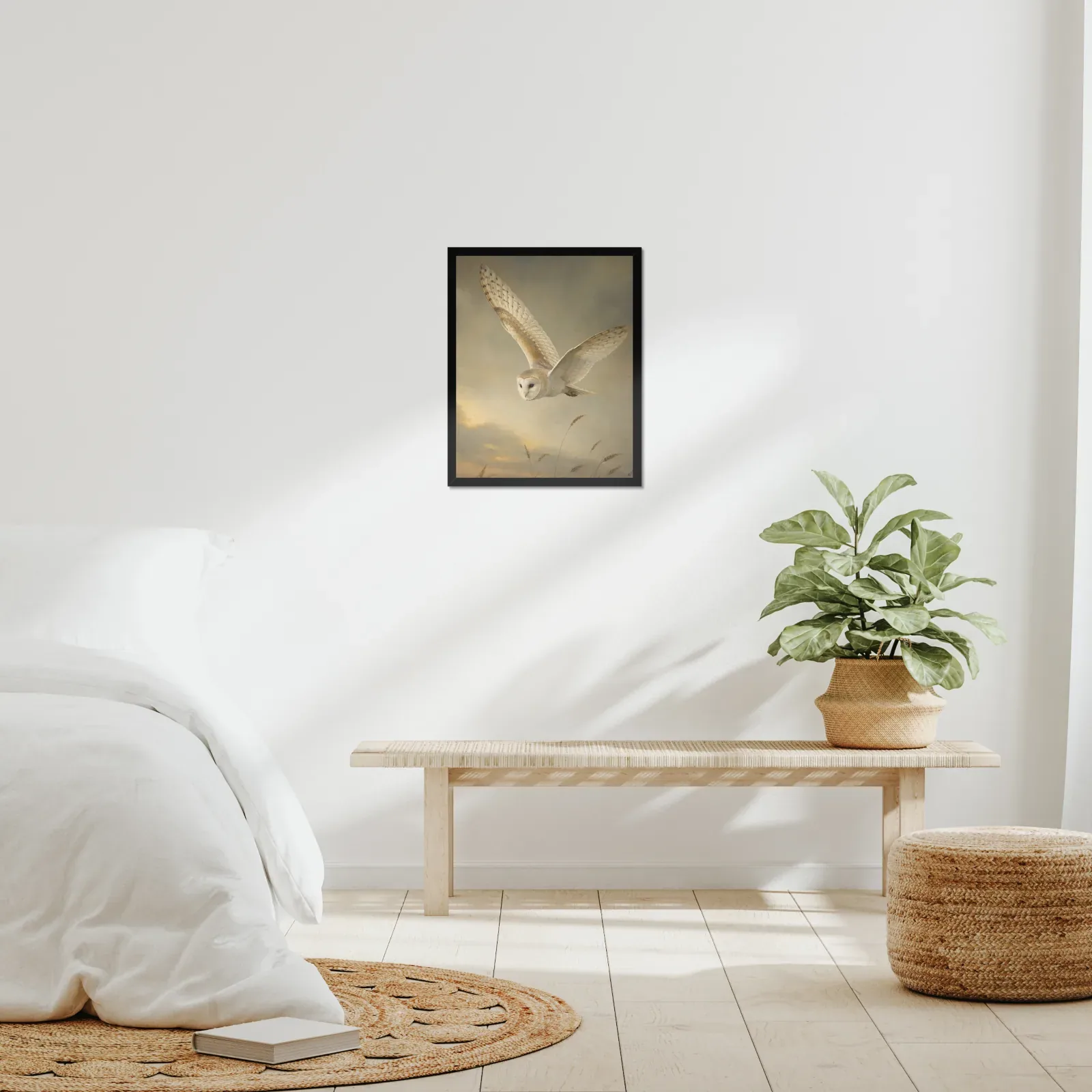 Barn Owl Print framed at 16x20 inches, shown on a wall to scale