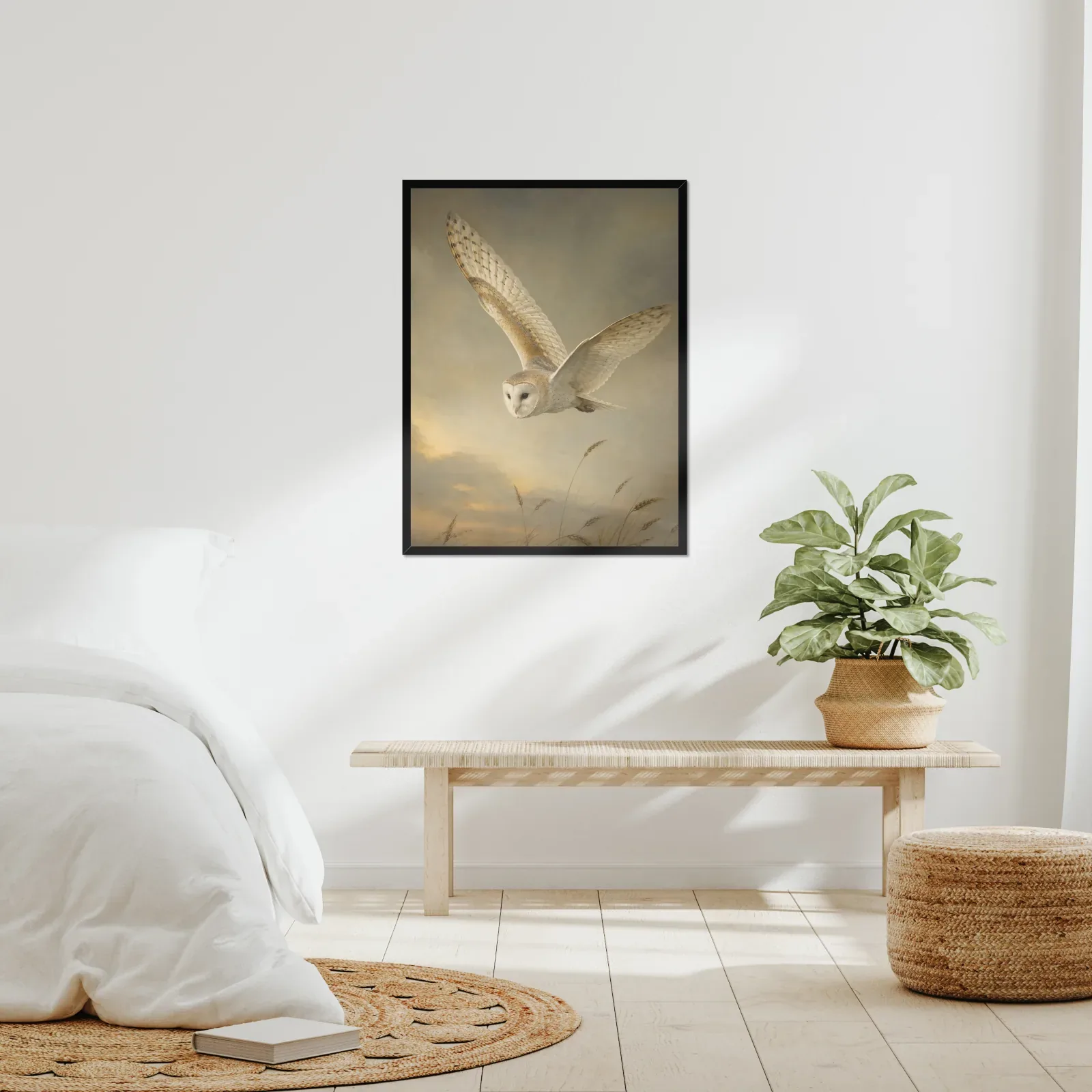 Barn Owl Print framed at 24x30 inches, shown on a wall to scale