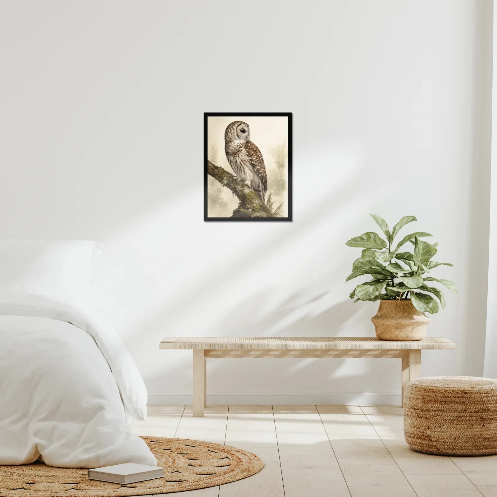 Barred Owl Print framed at 16x20 inches, shown on a wall to scale