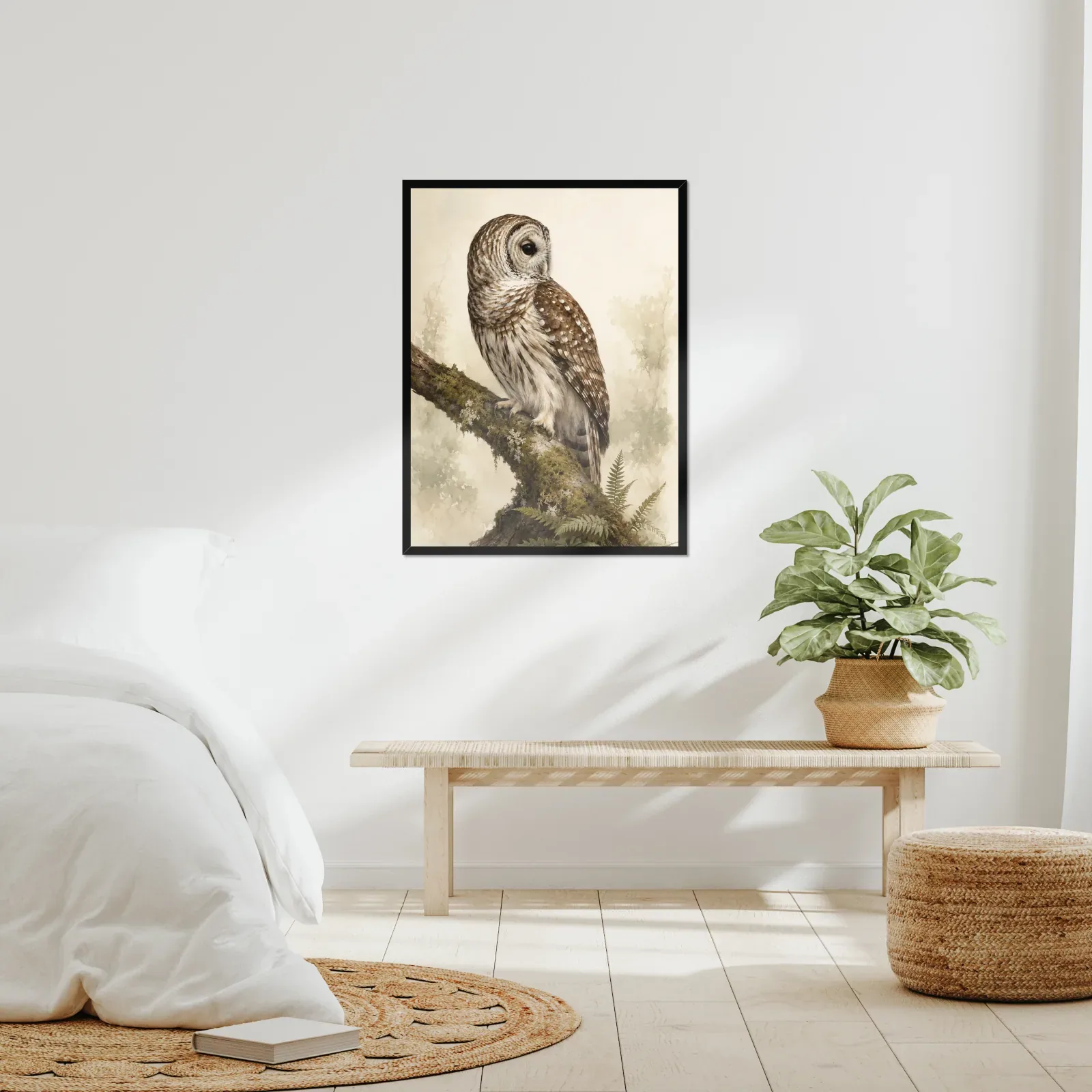 Barred Owl Print framed at 24x30 inches, shown on a wall to scale