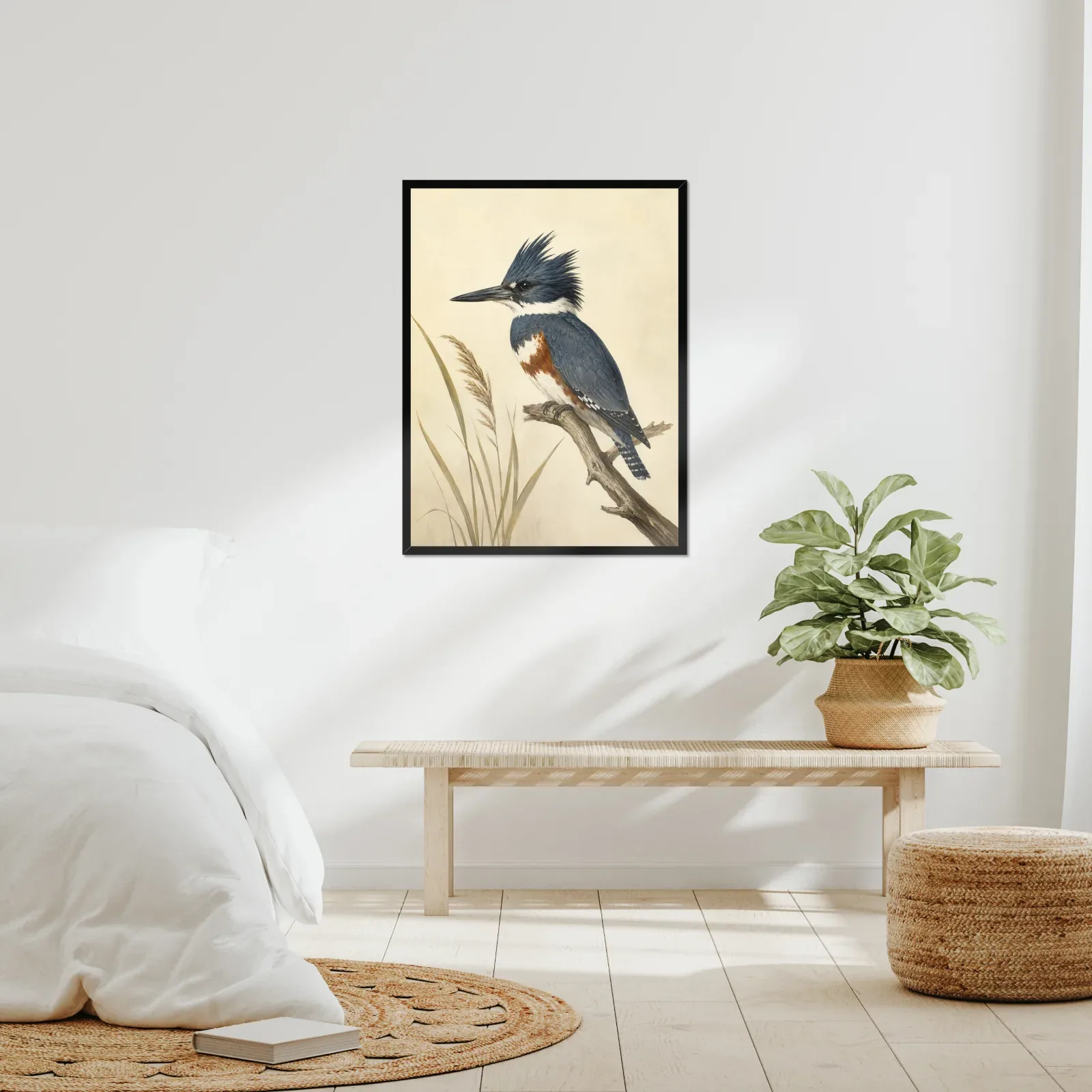 Belted Kingfisher Print framed at 24x30 inches, shown on a wall to scale
