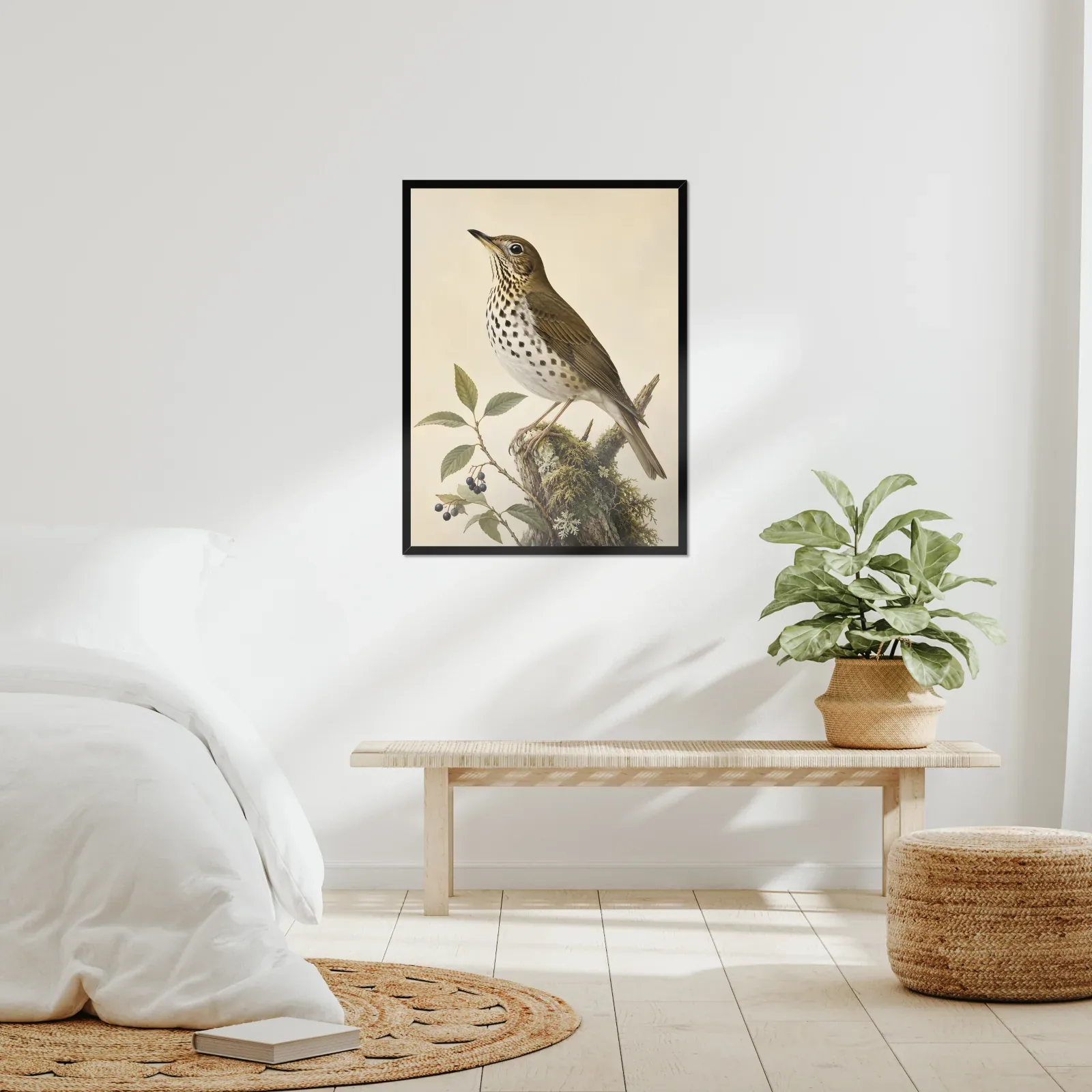 Bicknell's Thrush Print framed at 24x30 inches, shown on a wall to scale