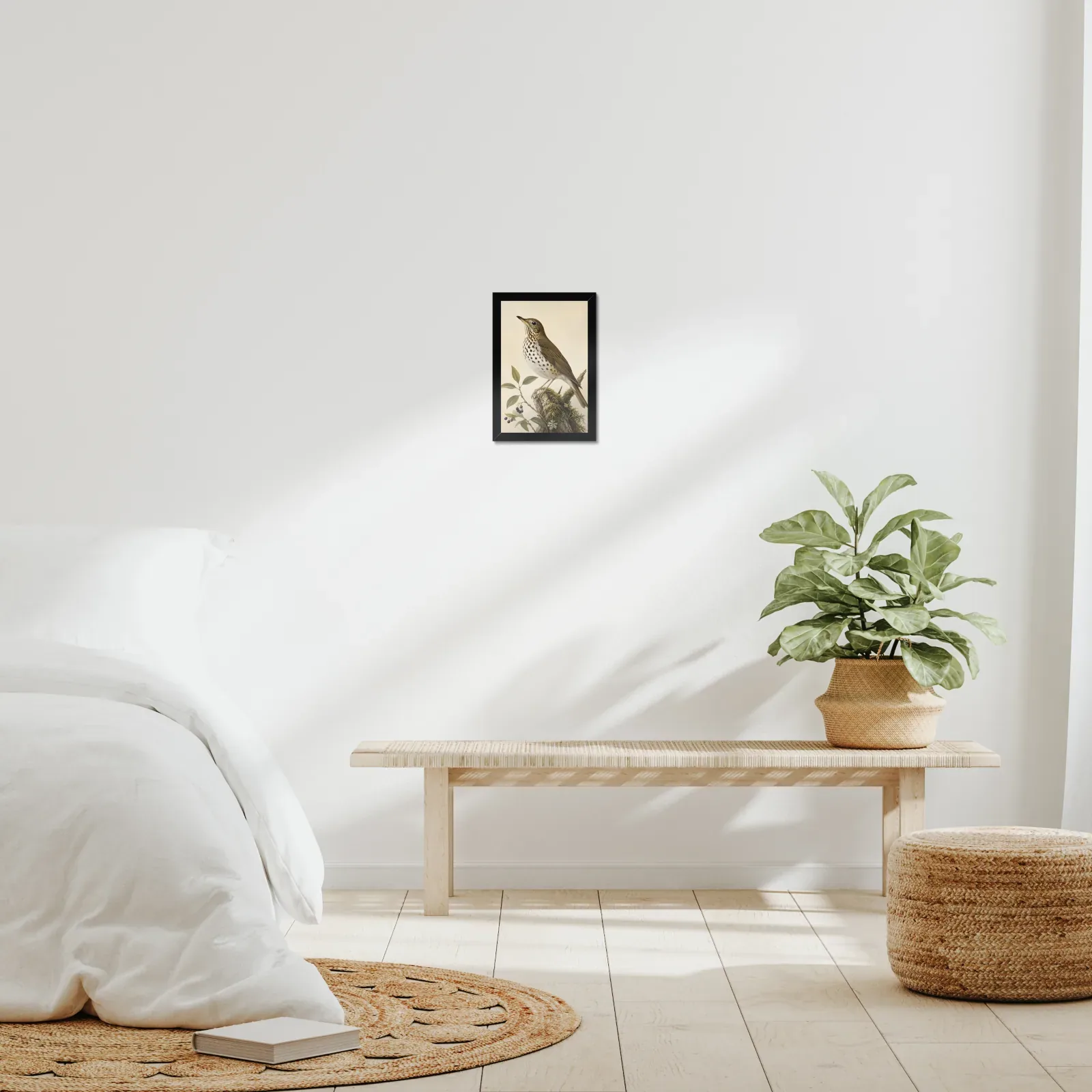 Bicknell's Thrush Print framed at 8x10 inches, shown on a wall to scale
