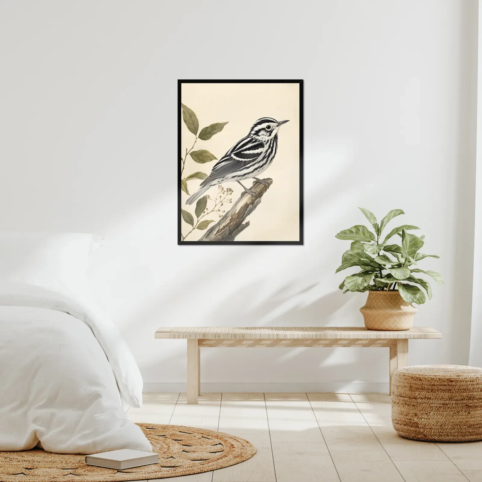 Black-and-white Warbler Print framed at 24x30 inches, shown on a wall to scale
