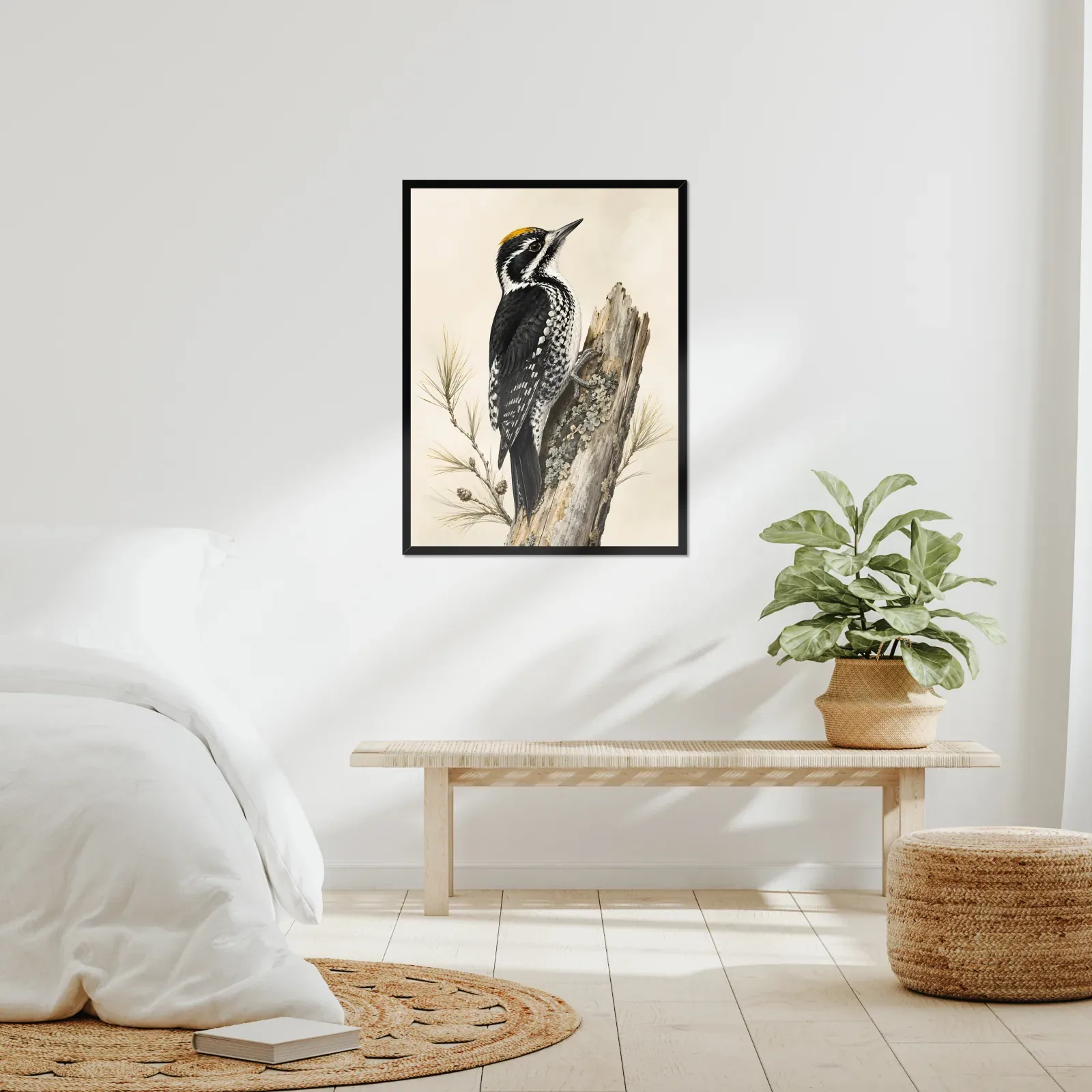 Black-backed Woodpecker Print framed at 24x30 inches, shown on a wall to scale