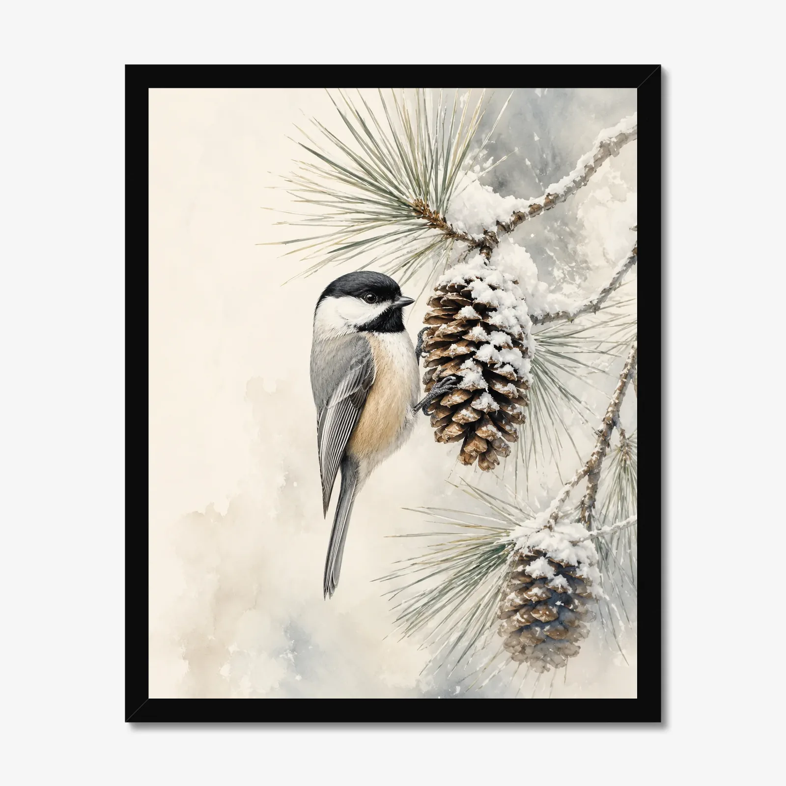 Black-capped Chickadee Print - In Winter Pine Snow Scene in a black frame