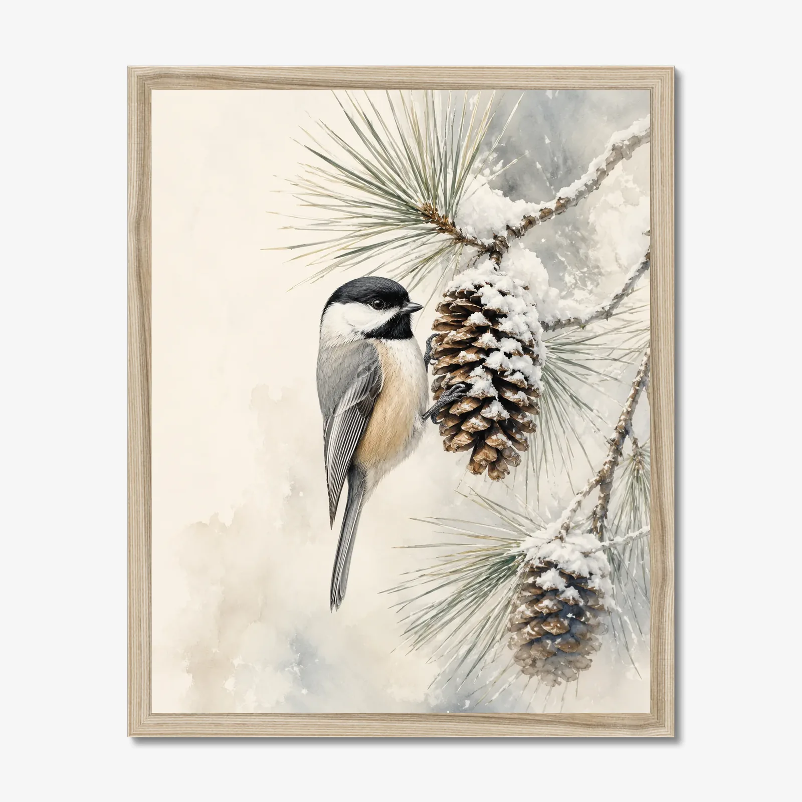 Black-capped Chickadee Print - In Winter Pine Snow Scene in a natural frame