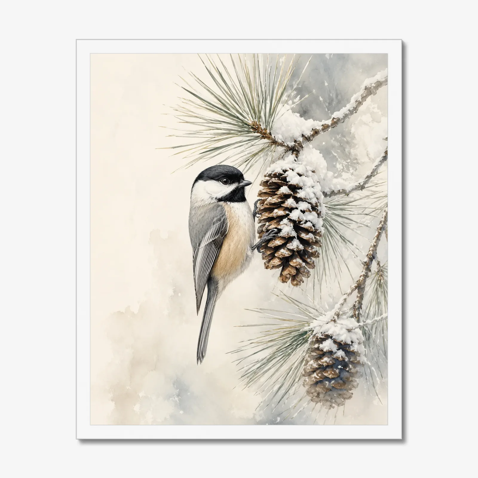 Black-capped Chickadee Print - In Winter Pine Snow Scene in a white frame