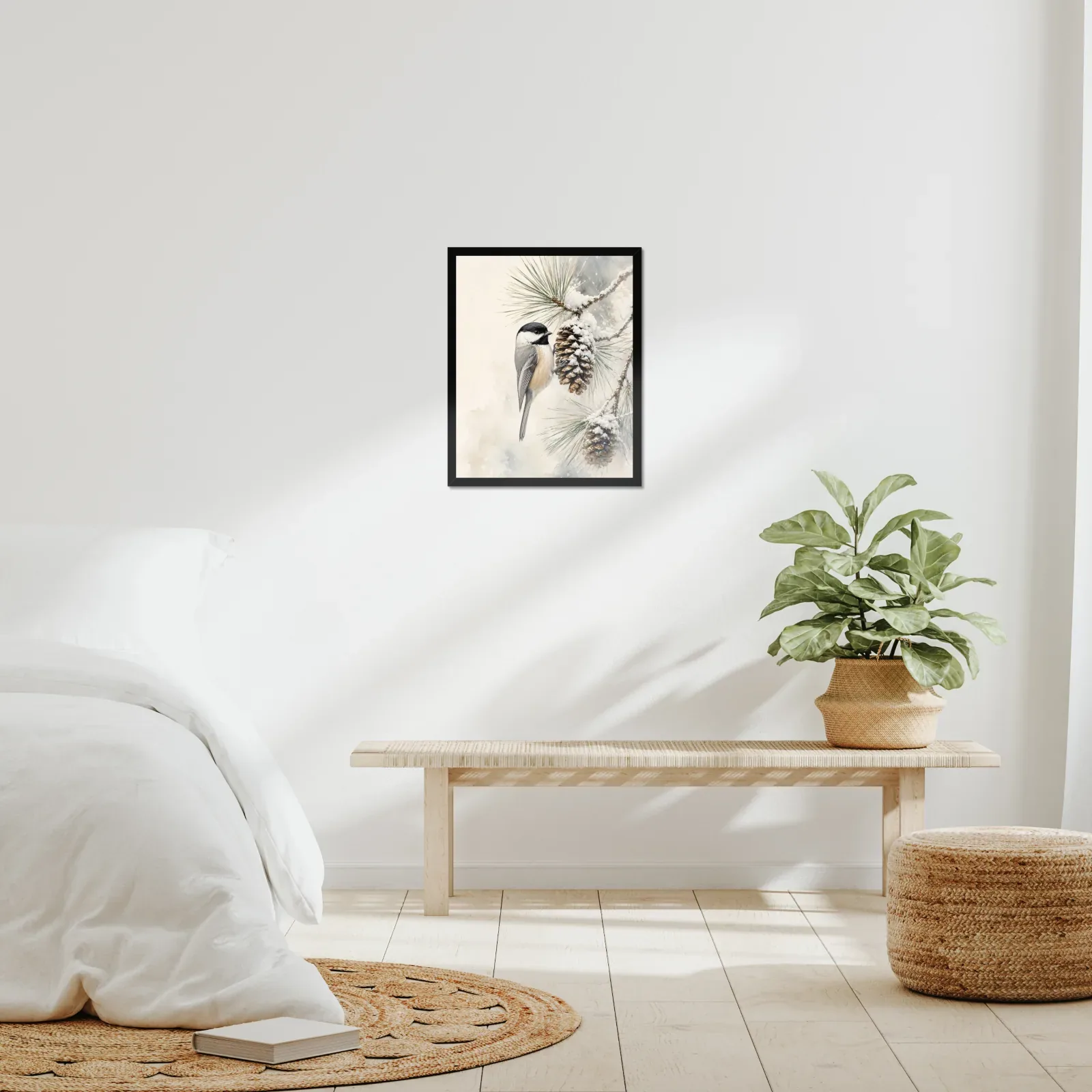 Black-capped Chickadee Print - In Winter Pine Snow Scene framed at 16x20 inches, shown on a wall to scale