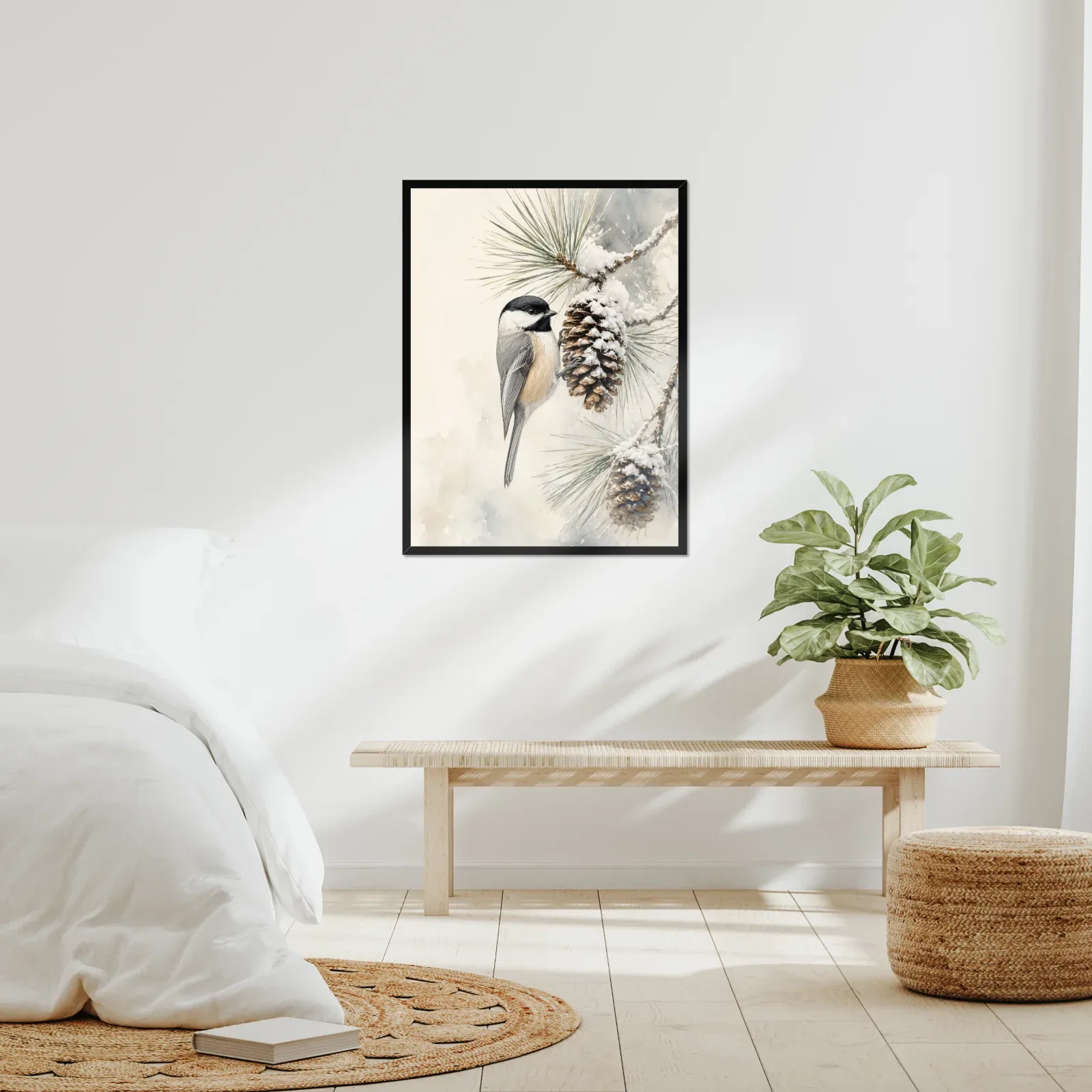Black-capped Chickadee Print - In Winter Pine Snow Scene framed at 24x30 inches, shown on a wall to scale